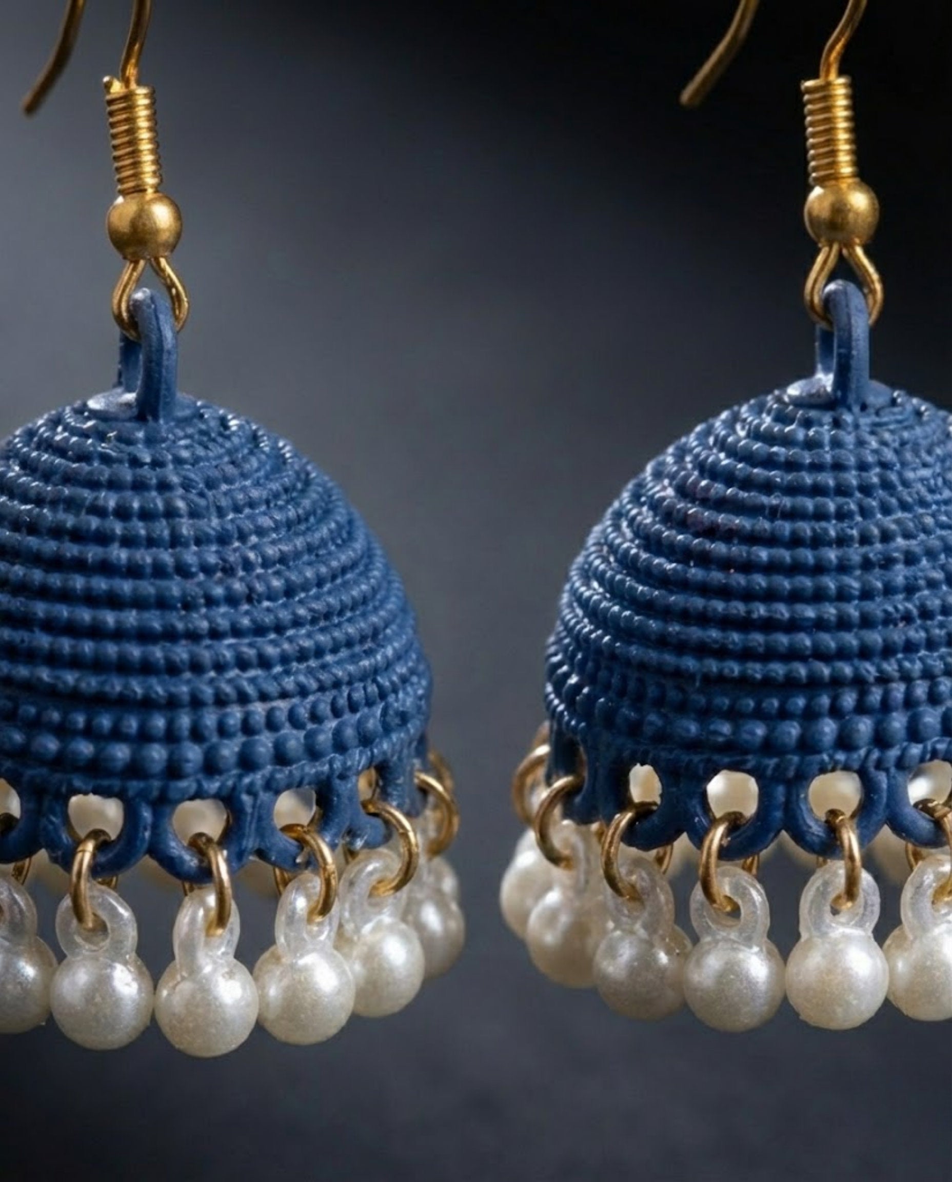 Navy Blue Textured Jhumka Earrings with Pearl Droplets
