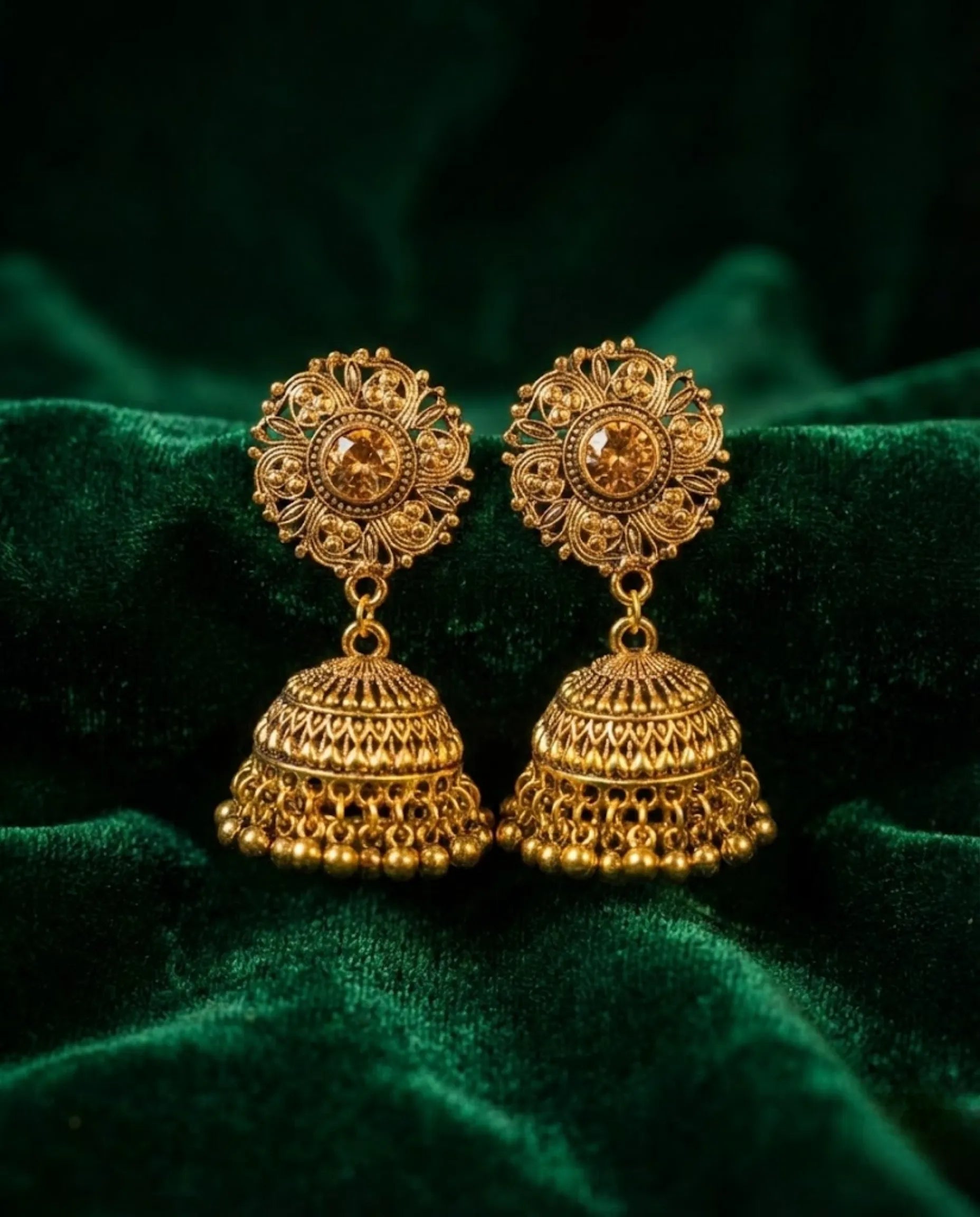 Antique Gold Crystal Jhumka Earrings by Orneza