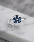Orneza Sapphire Blue Floral Wrap Ring in Silver
