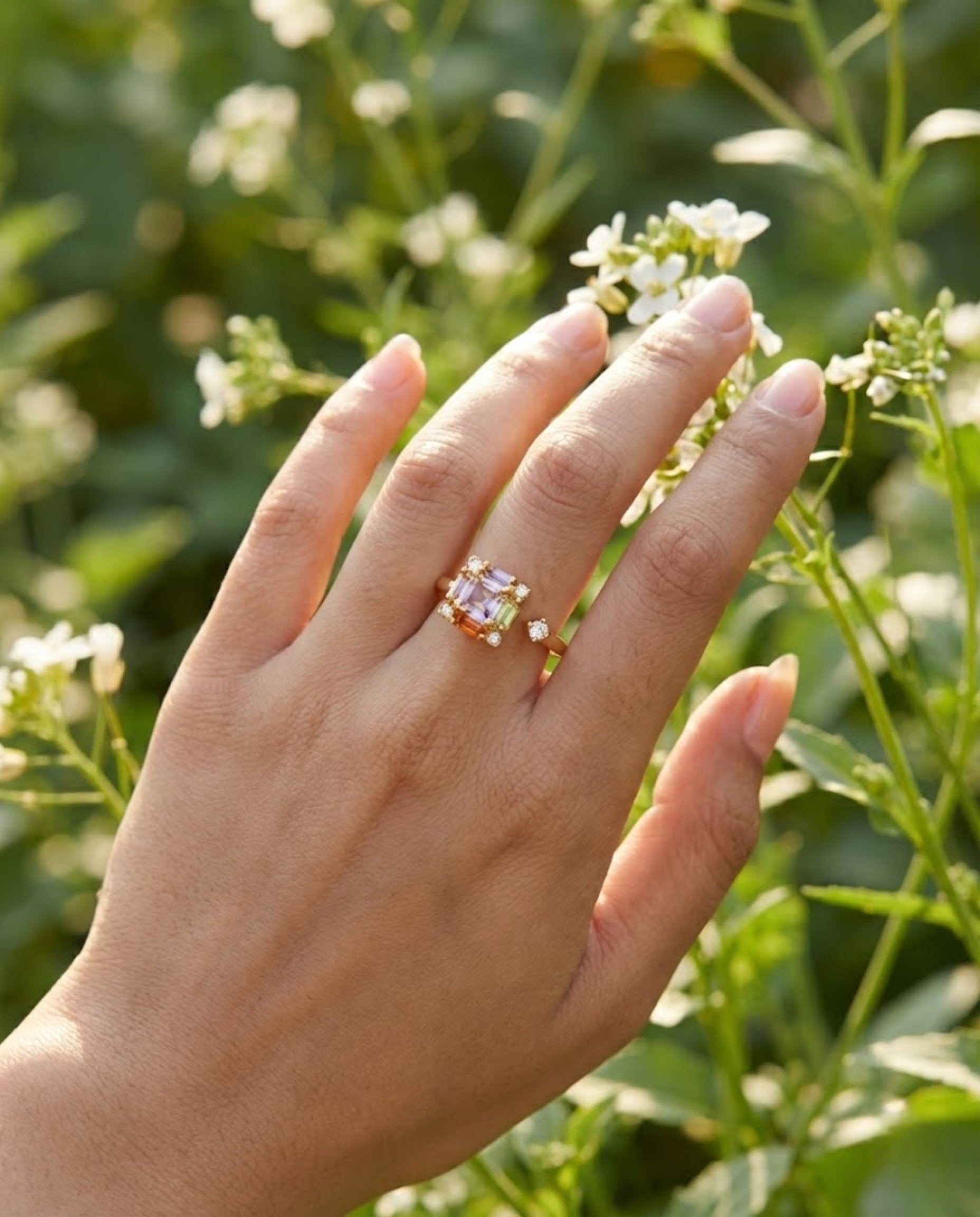 Orneza Multicolor Crystal Gold Adjustable Statement Ring