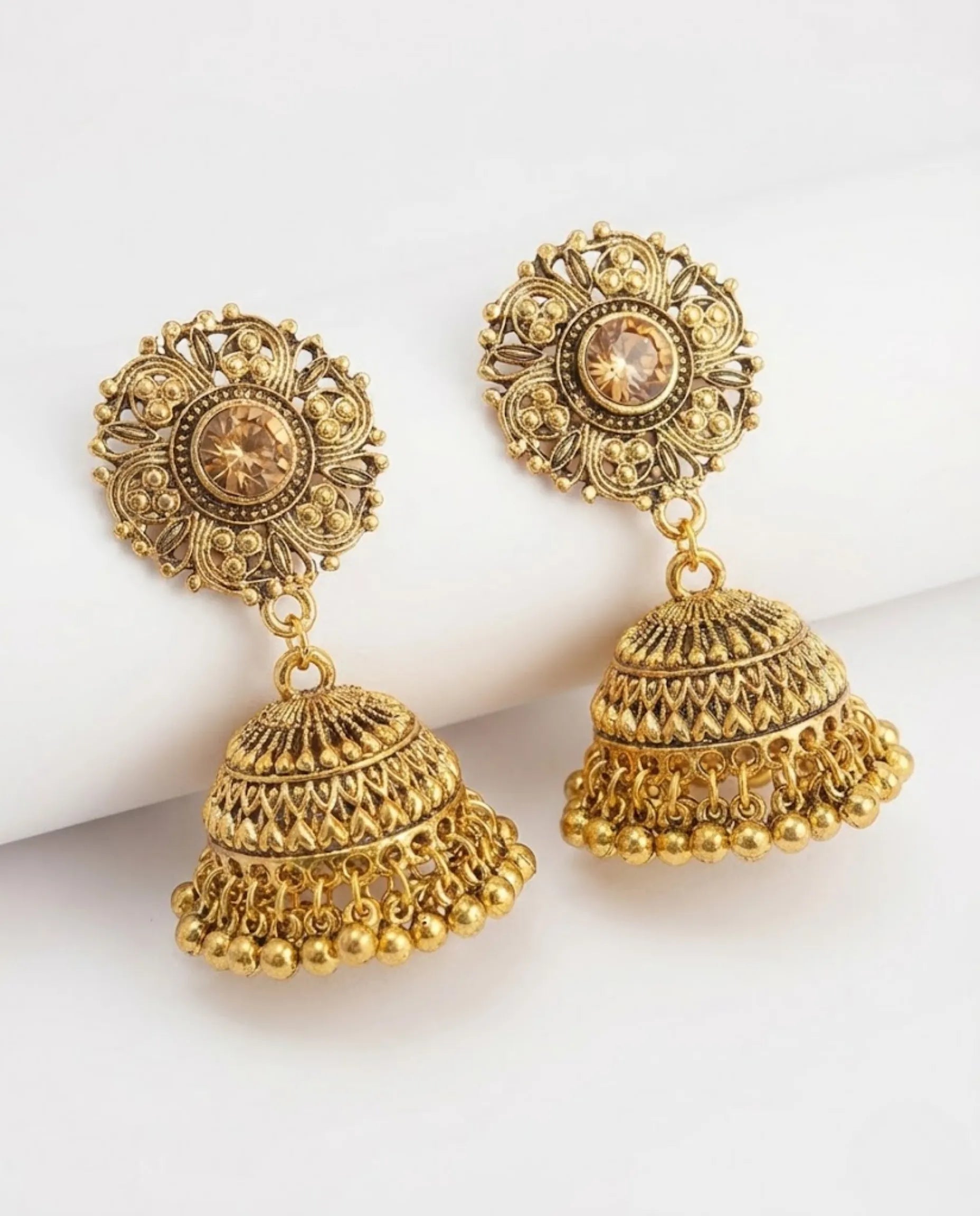 Antique Gold Crystal Jhumka Earrings by Orneza