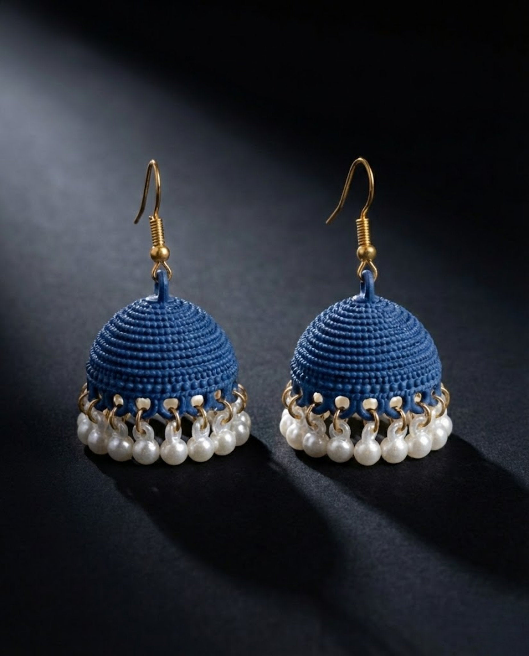 Navy Blue Textured Jhumka Earrings with Pearl Droplets