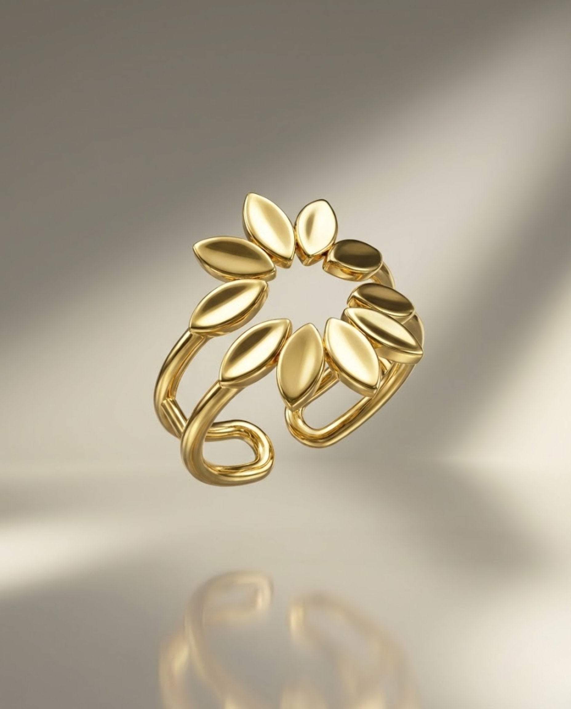 Orneza Gold Plated Laurel Leaf Adjustable Statement Ring