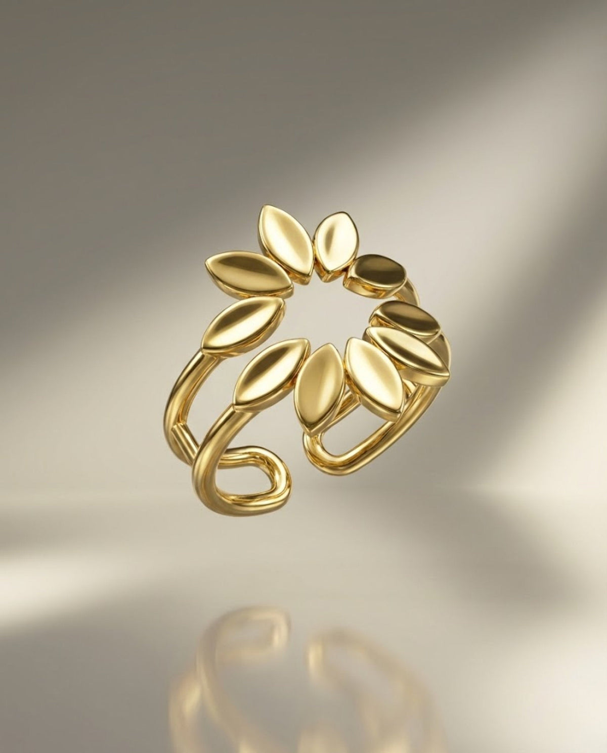Orneza Gold Plated Laurel Leaf Adjustable Statement Ring