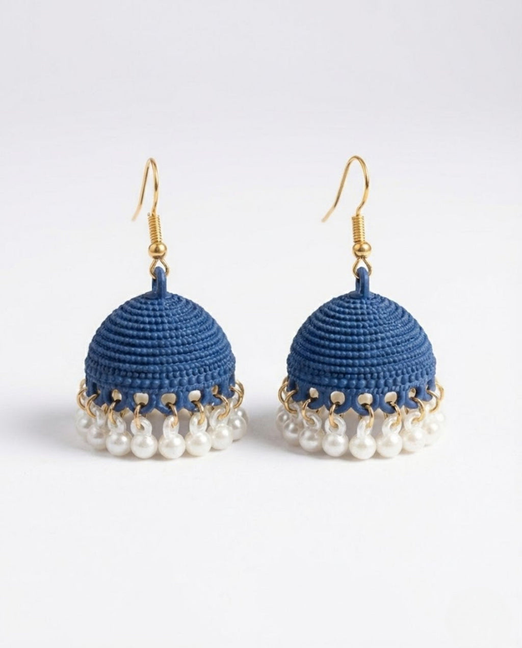 Navy Blue Textured Jhumka Earrings with Pearl Droplets