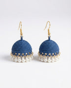 Navy Blue Textured Jhumka Earrings with Pearl Droplets