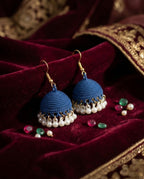 Navy Blue Textured Jhumka Earrings with Pearl Droplets