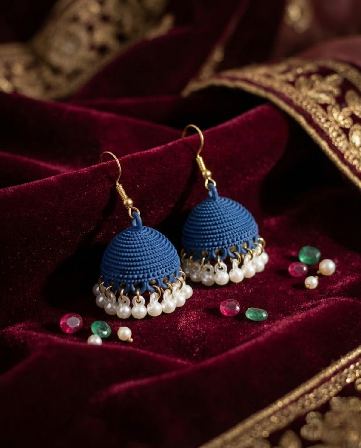 Navy Blue Textured Jhumka Earrings with Pearl Droplets