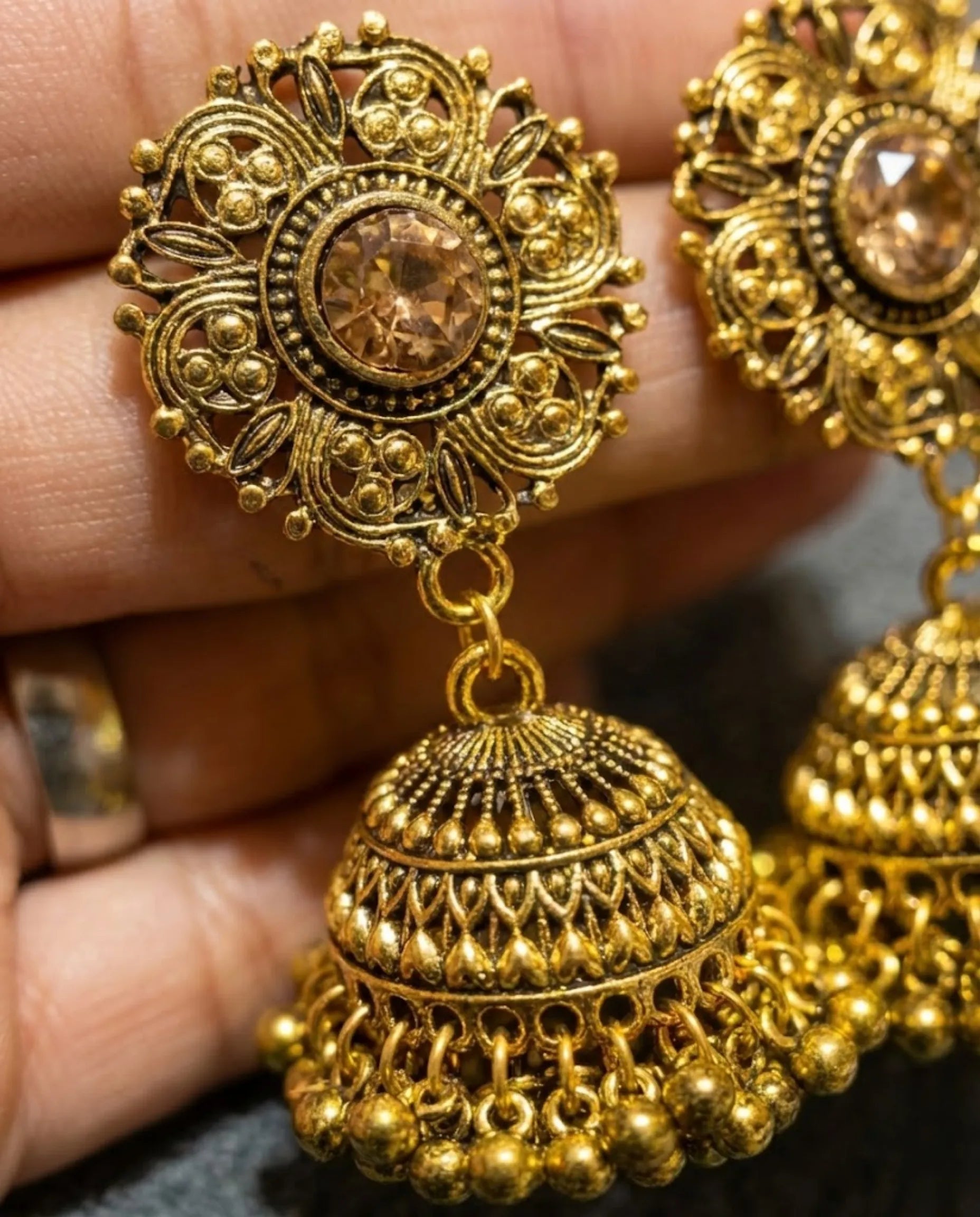 Antique Gold Crystal Jhumka Earrings by Orneza