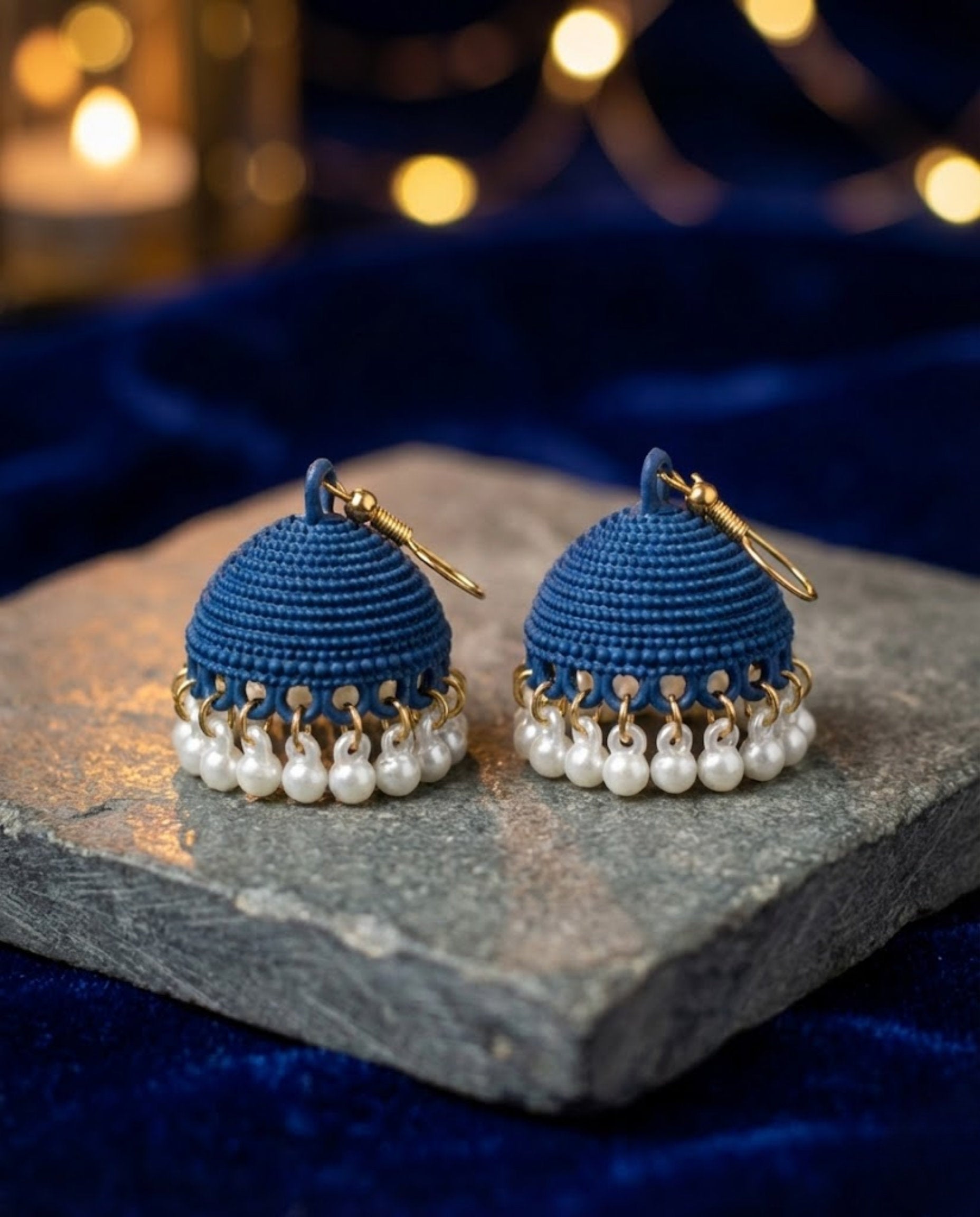 Navy Blue Textured Jhumka Earrings with Pearl Droplets