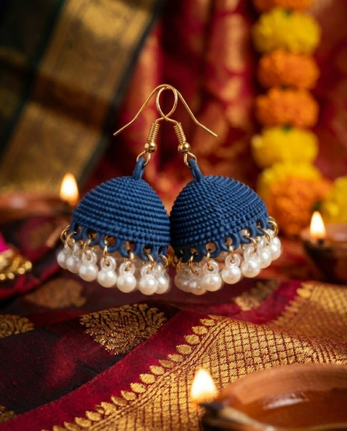 Navy Blue Textured Jhumka Earrings with Pearl Droplets