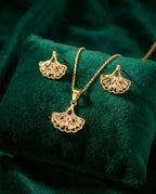 Orneza Gold Ginkgo Leaf Baguette Diamond Pendant Set