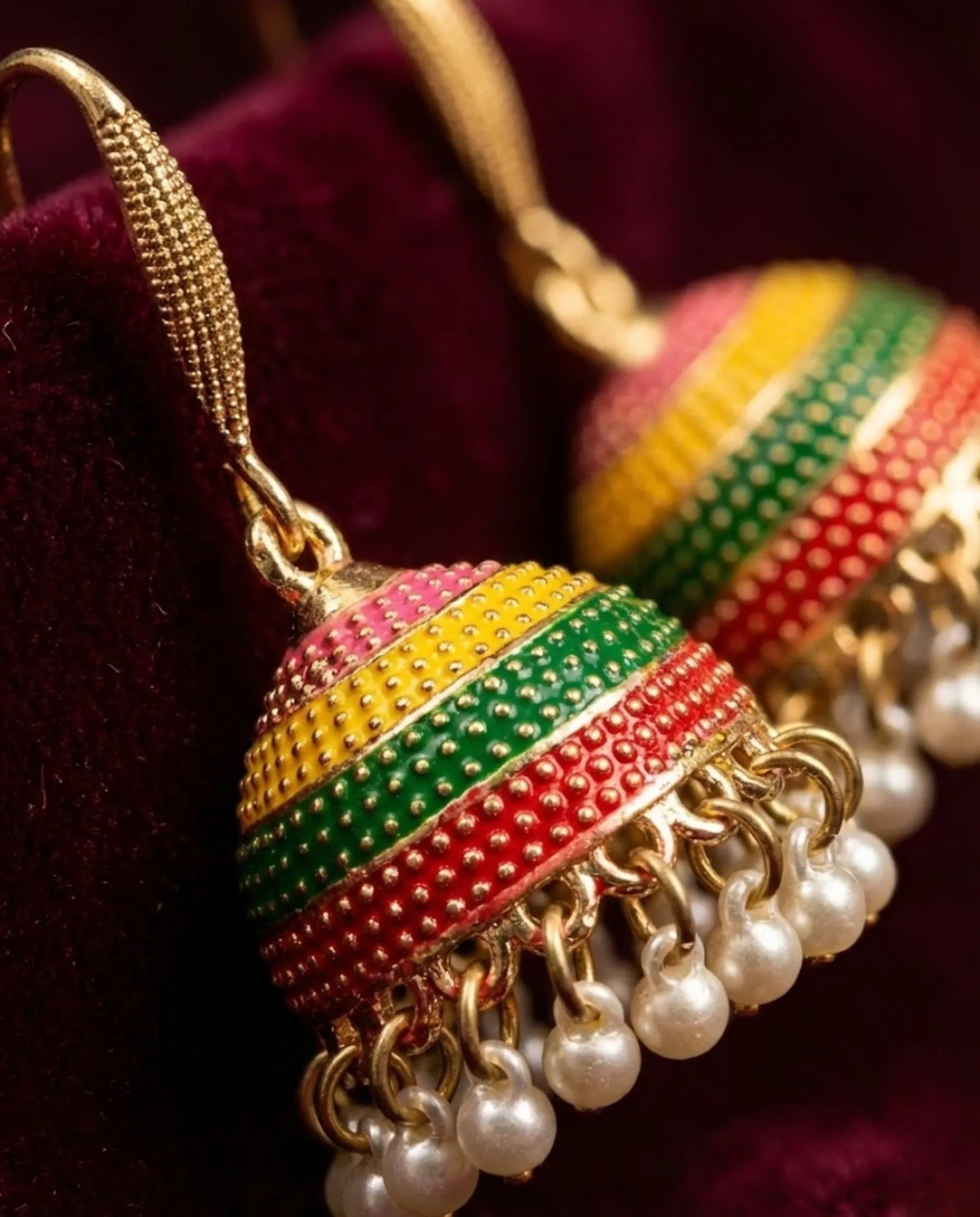 Orneza Festive Multi-Color Enamel Jhumka Earrings with Pearls