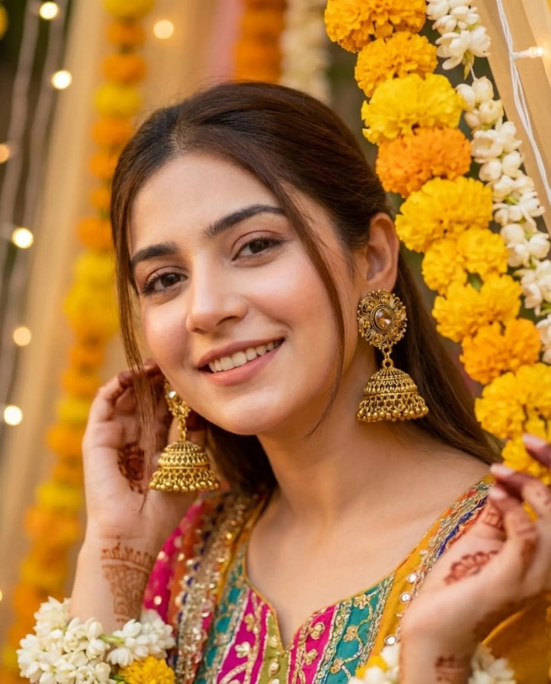 Antique Gold Crystal Jhumka Earrings by Orneza