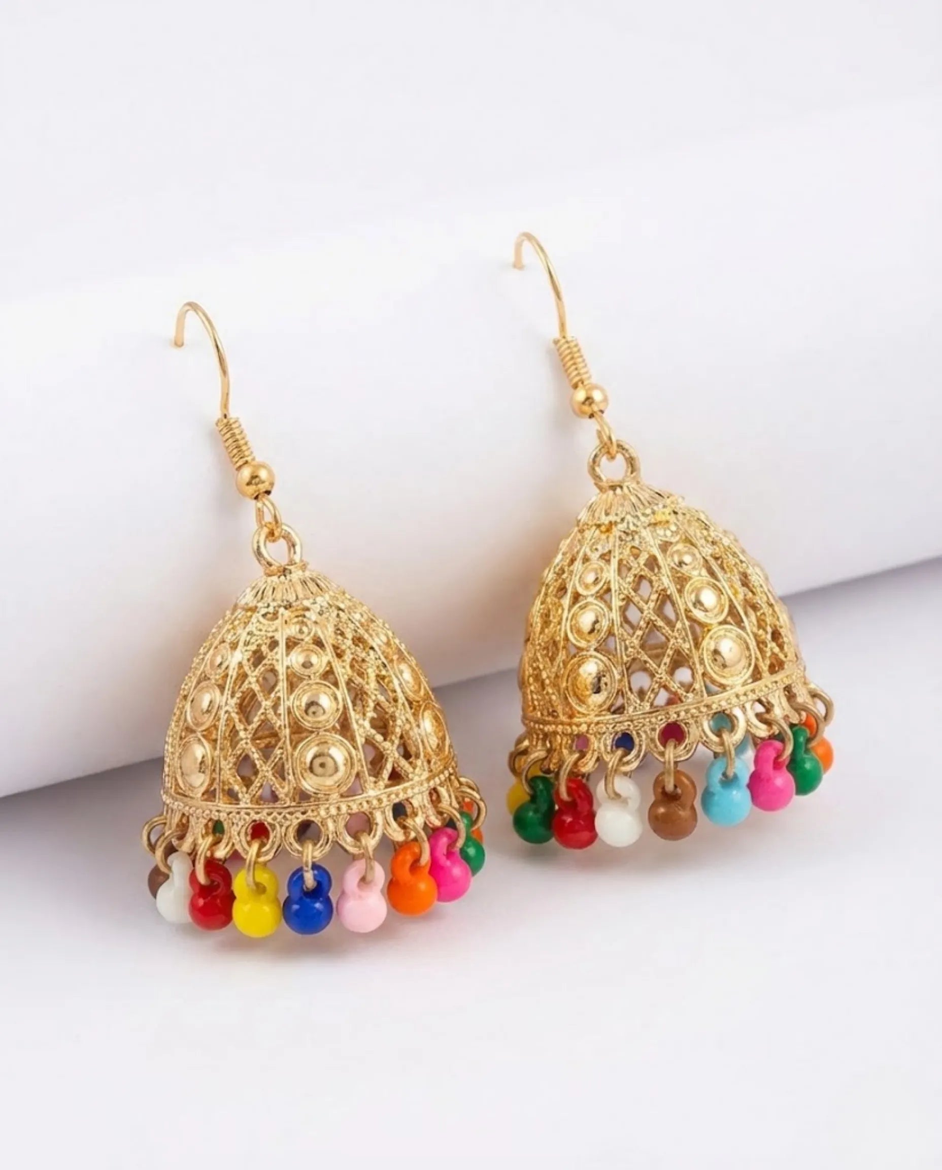 Orneza Multi-Color Beaded Gold Jhumka Earrings