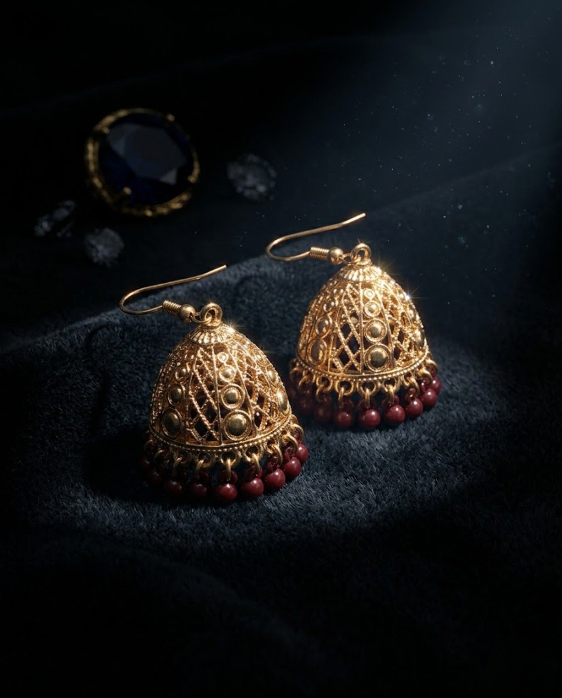 Orneza Gold Filigree Jhumka Earrings with Ruby Red Beads