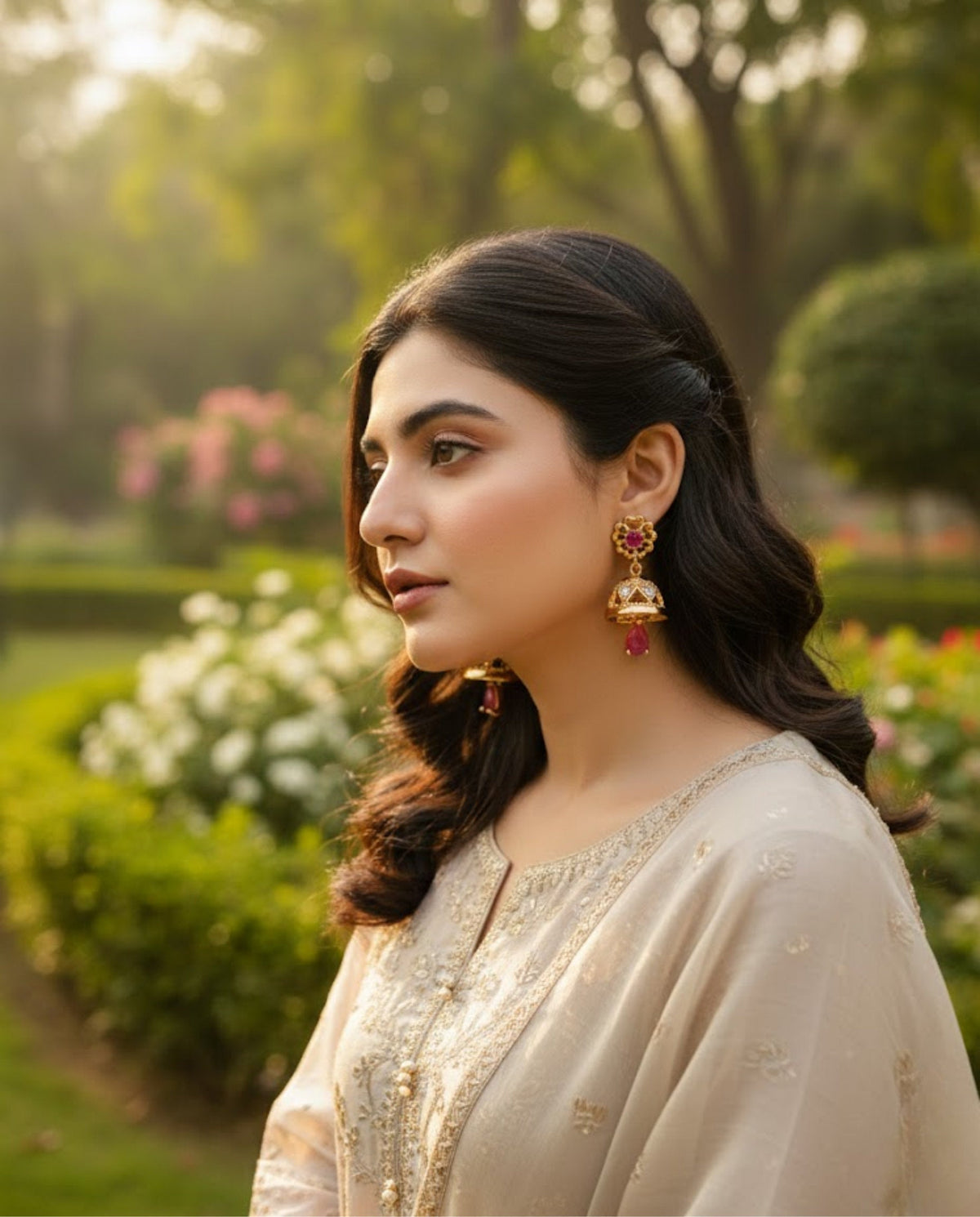 Orneza Royal Ruby Gold Jhumka Earrings