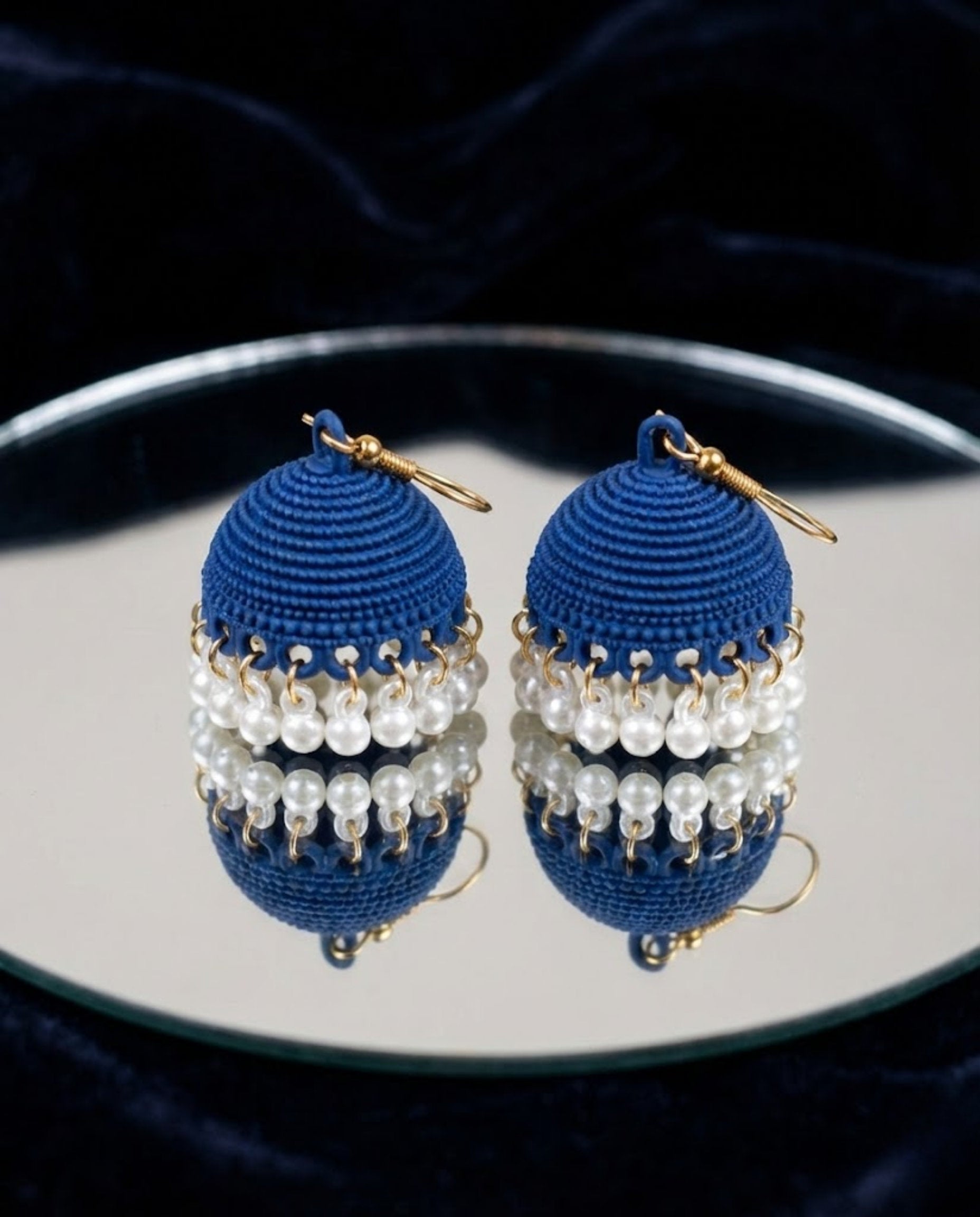 Navy Blue Textured Jhumka Earrings with Pearl Droplets