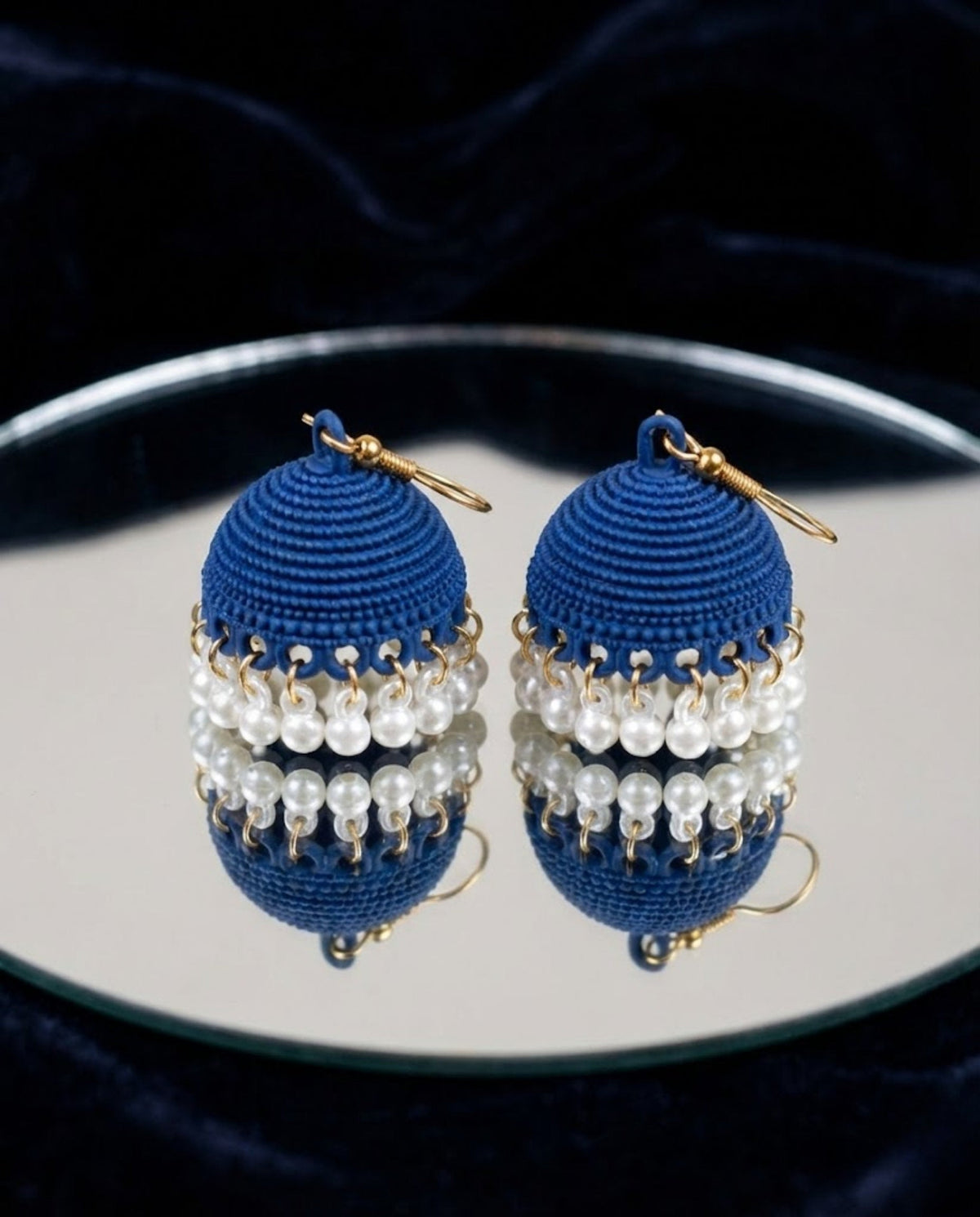 Navy Blue Textured Jhumka Earrings with Pearl Droplets