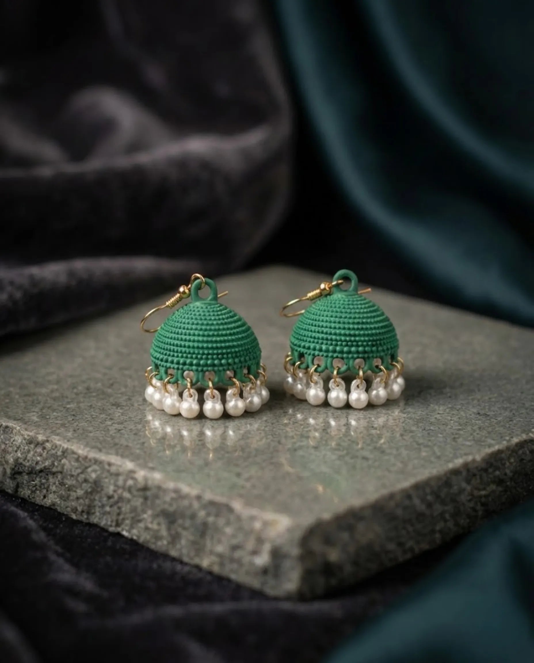 Orneza Emerald Green Textured Jhumka Earrings with Pearls