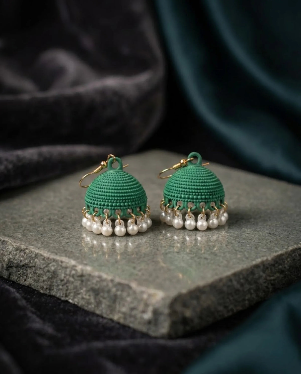 Orneza Emerald Green Textured Jhumka Earrings with Pearls