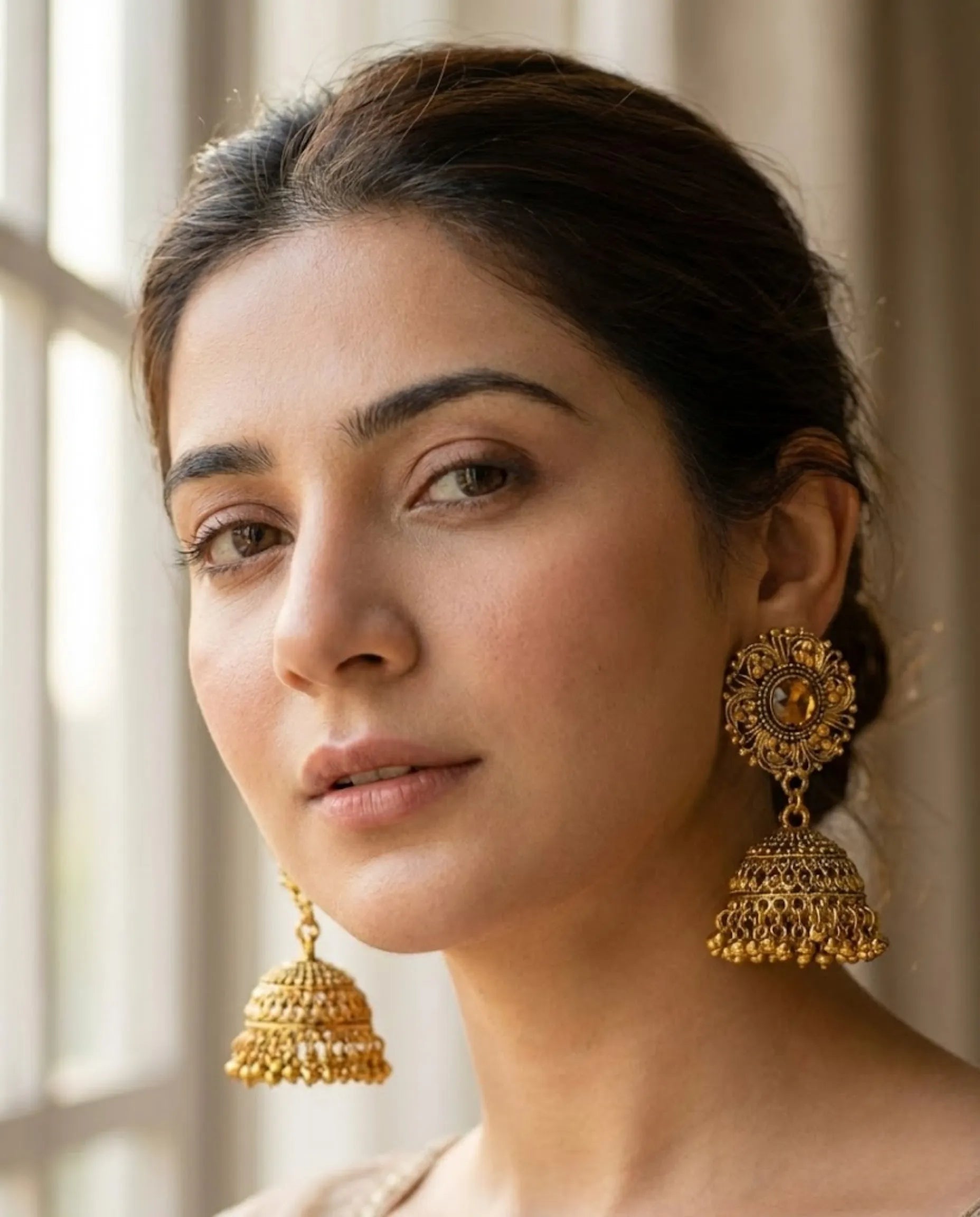 Antique Gold Crystal Jhumka Earrings by Orneza