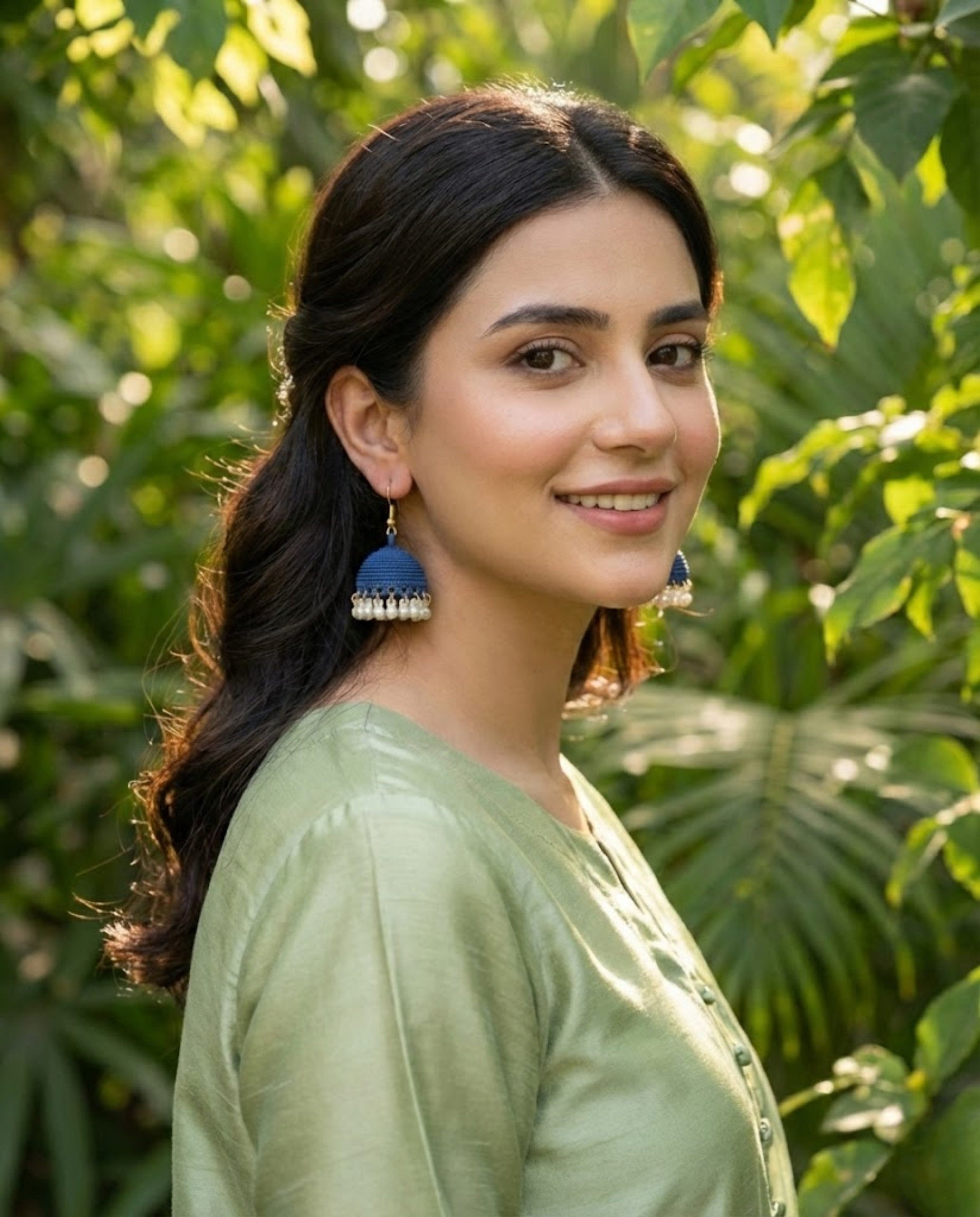 Navy Blue Textured Jhumka Earrings with Pearl Droplets