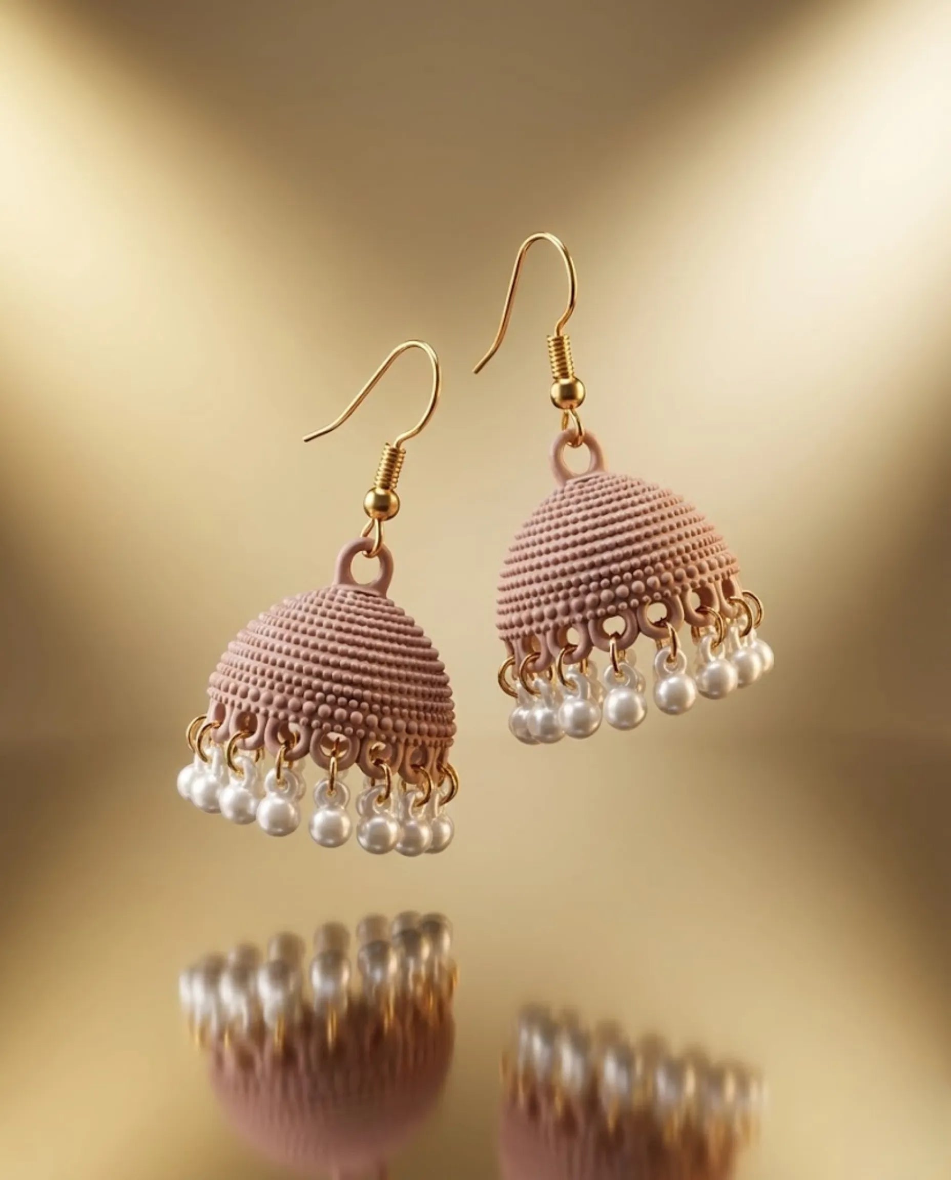 Modern Mauve Matte Jhumka Earrings with Pearls by Orneza