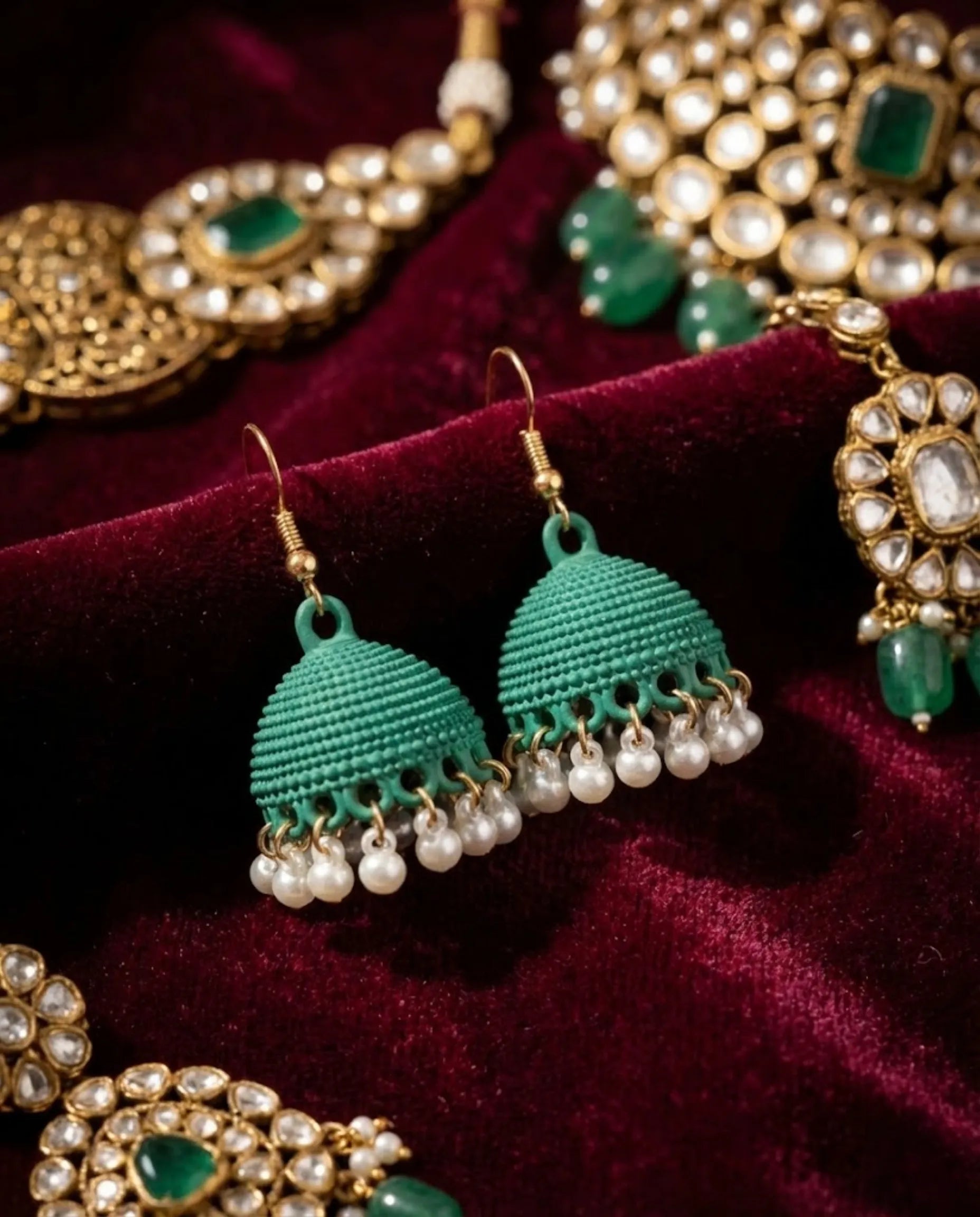 Orneza Emerald Green Textured Jhumka Earrings with Pearls