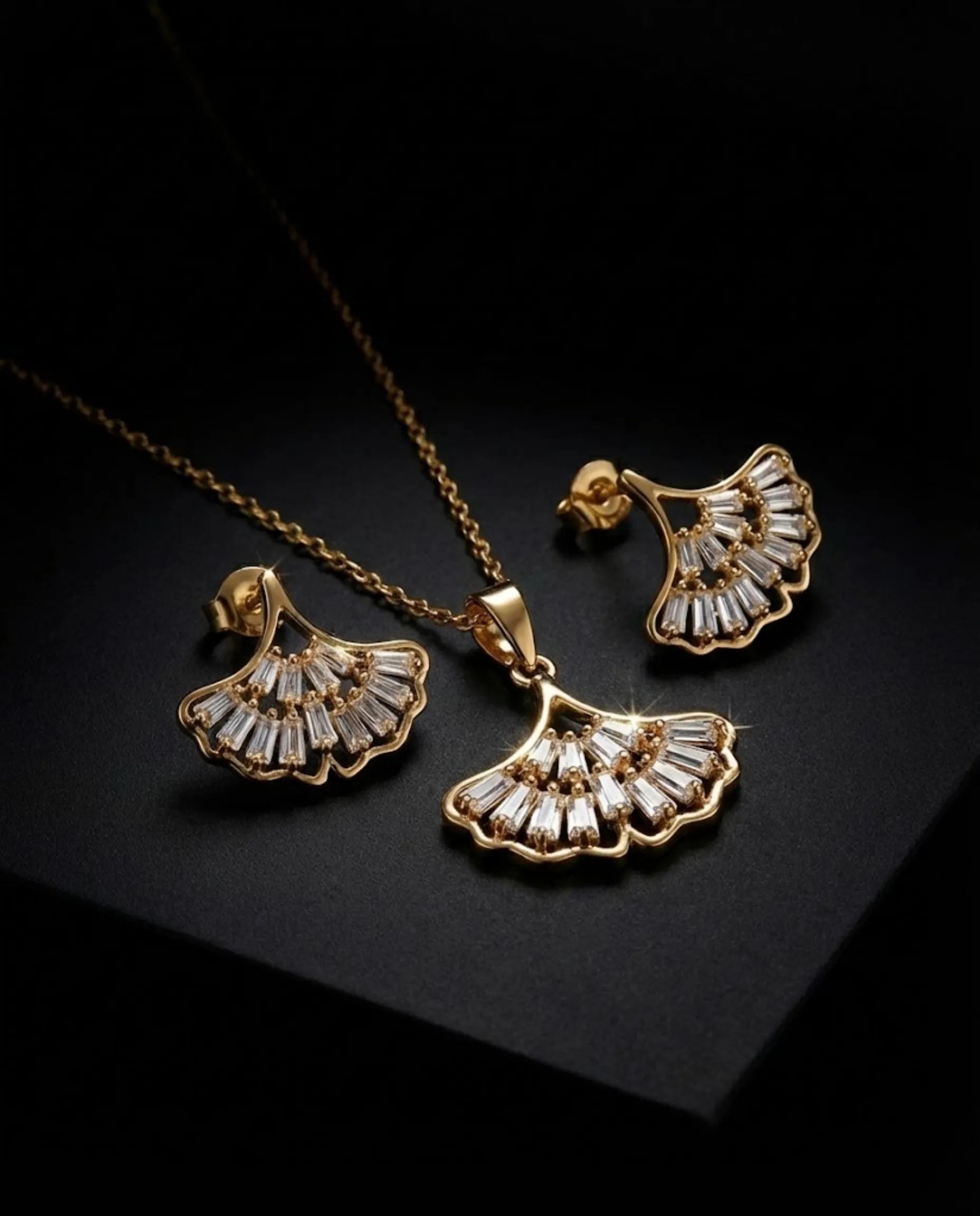 Orneza Gold Ginkgo Leaf Baguette Diamond Pendant Set