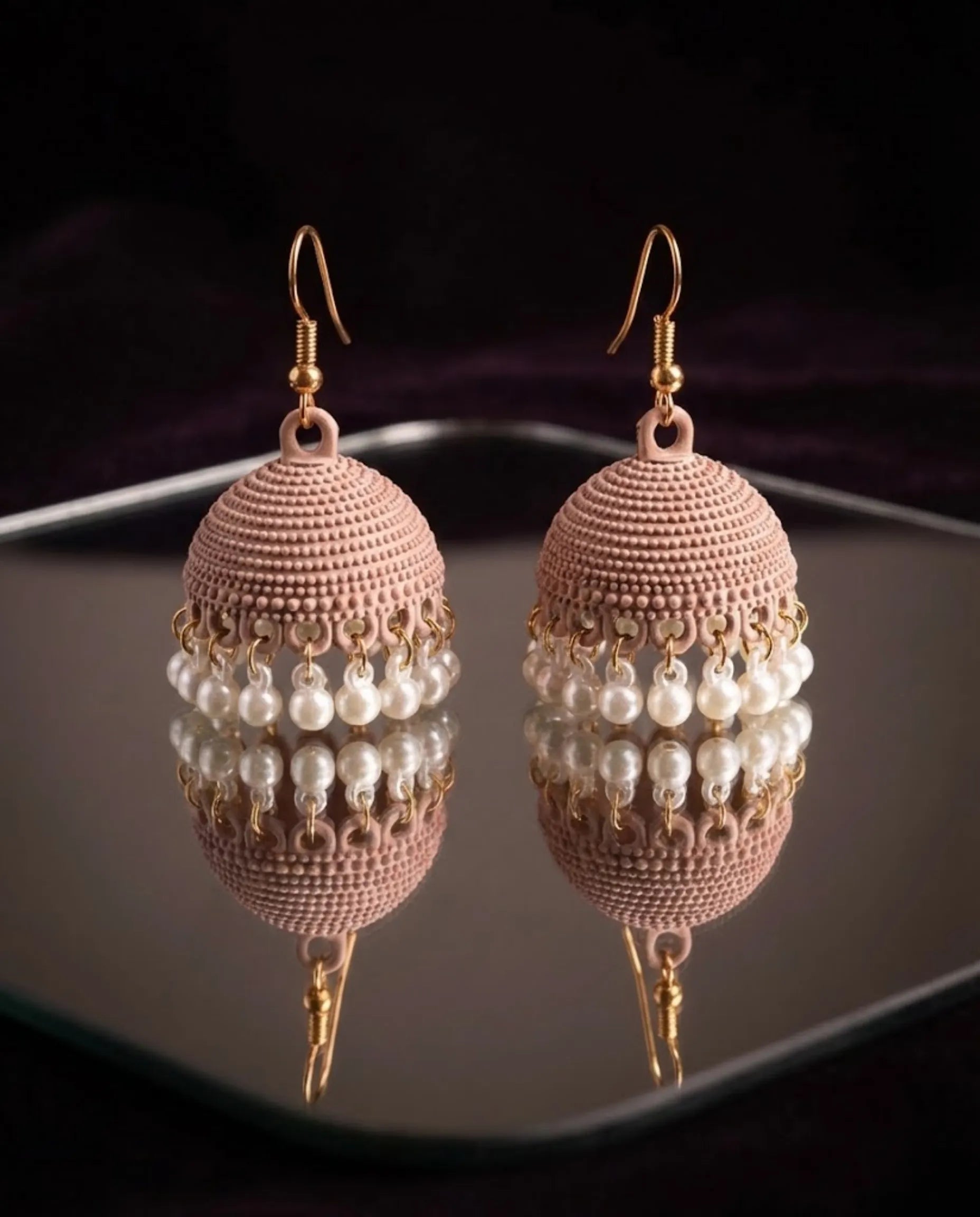 Modern Mauve Matte Jhumka Earrings with Pearls by Orneza