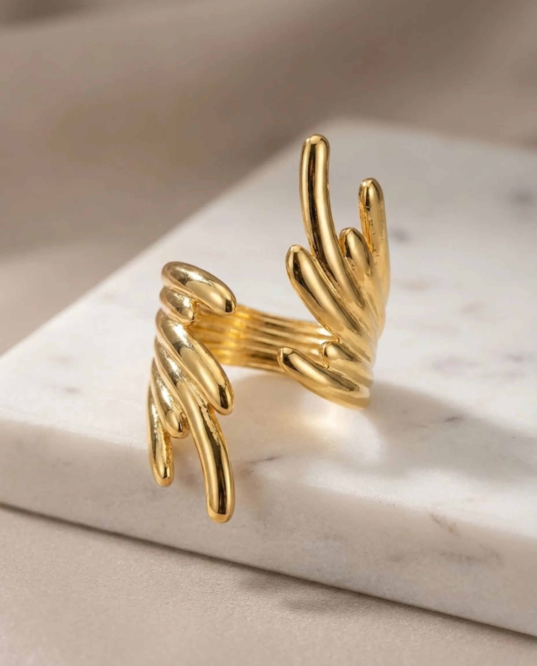 Orneza Abstract Coral Flame Statement Ring- Adjustable Gold