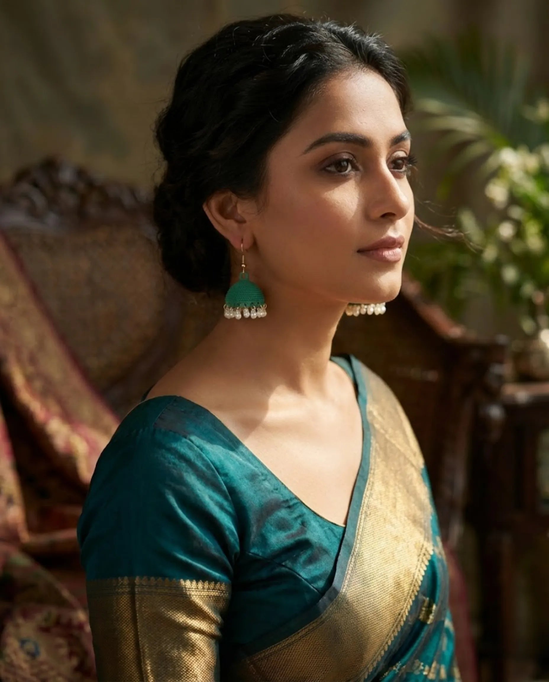 Orneza Emerald Green Textured Jhumka Earrings with Pearls