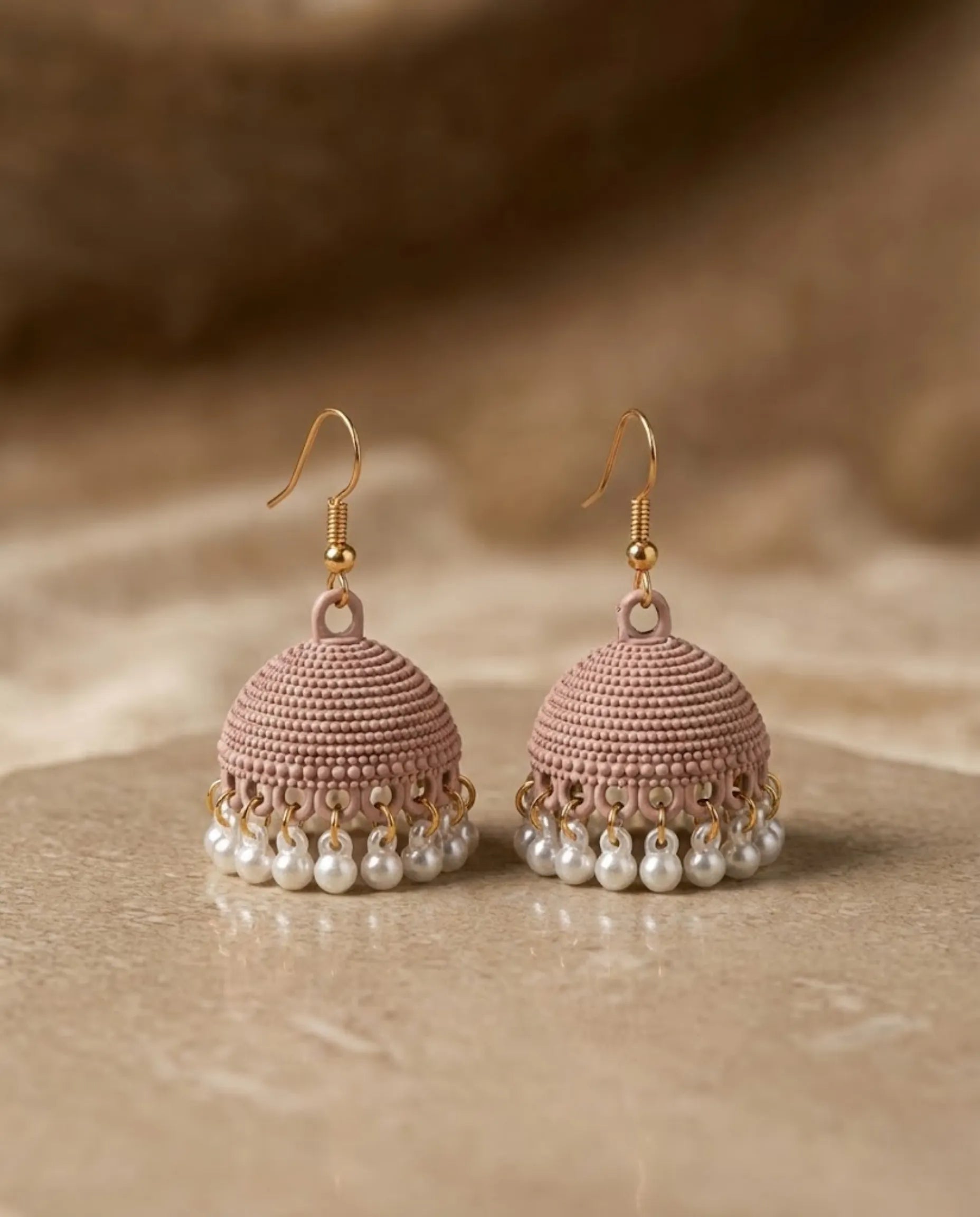 Modern Mauve Matte Jhumka Earrings with Pearls by Orneza