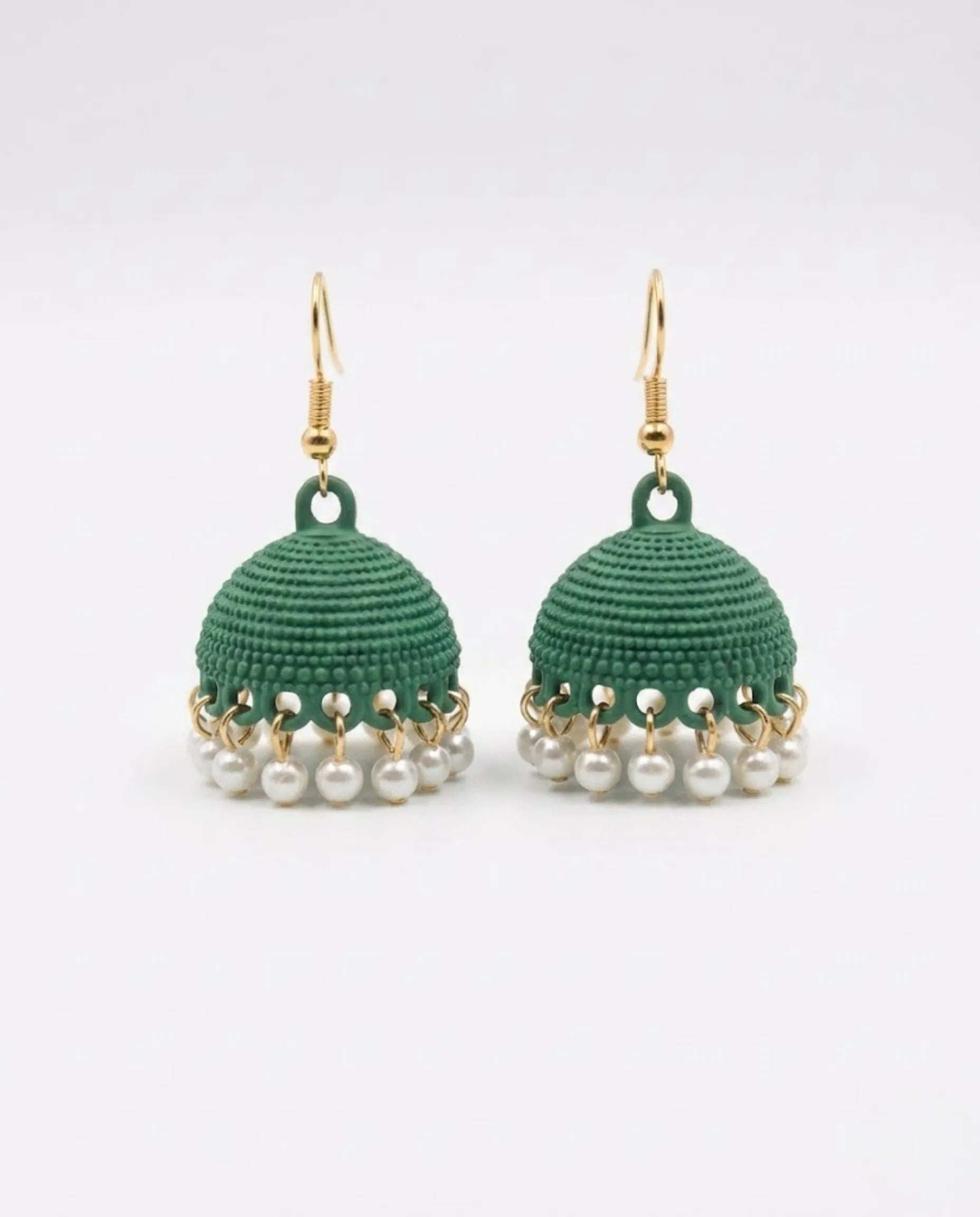 Orneza Emerald Green Textured Jhumka Earrings with Pearls