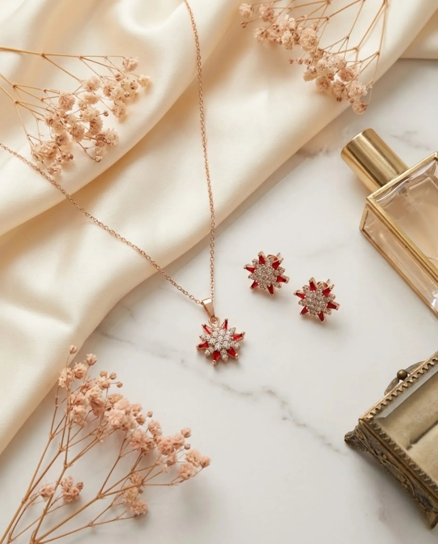 Orneza Royal Crimson Star Pendant and Earrings Jewelry Set