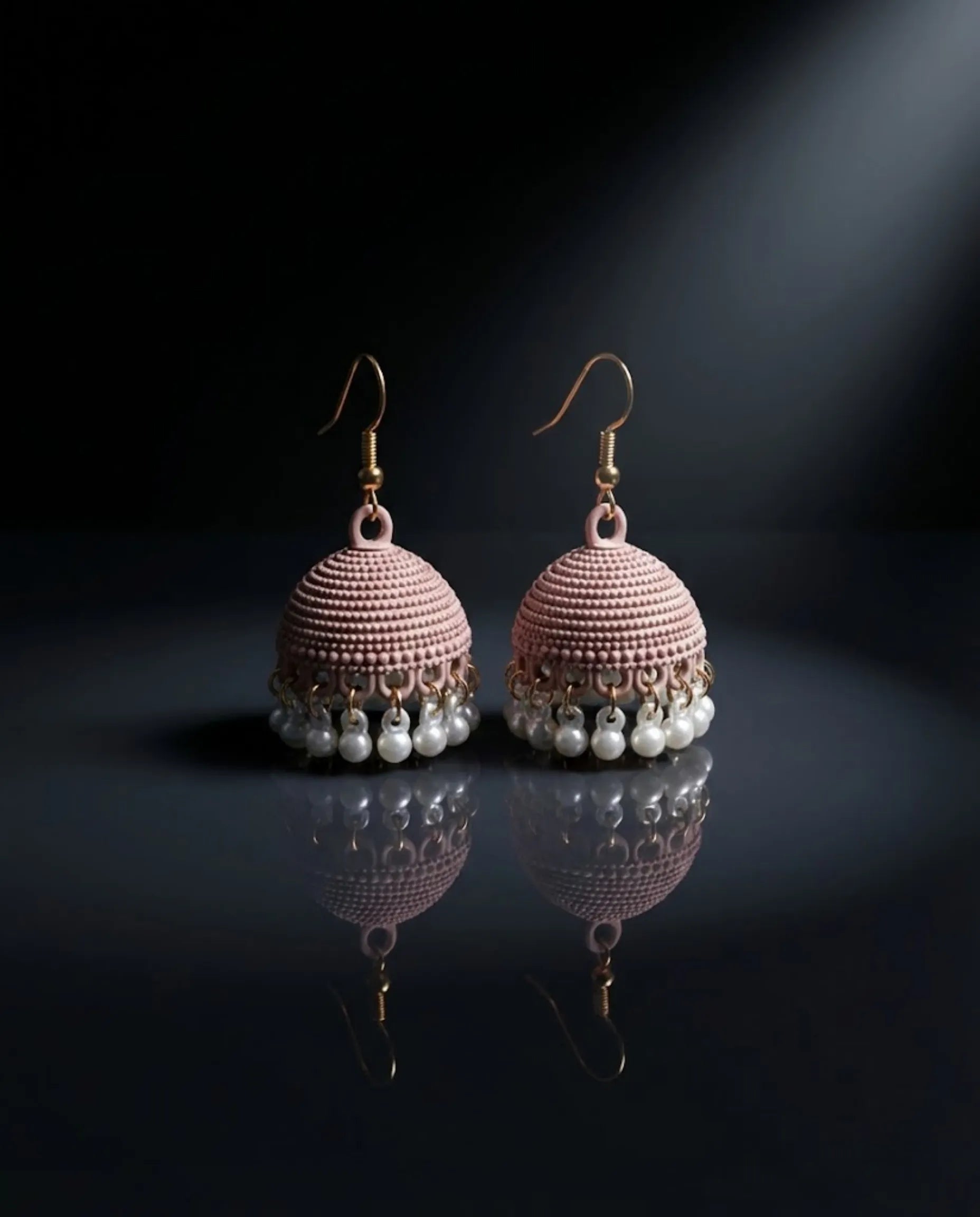 Modern Mauve Matte Jhumka Earrings with Pearls by Orneza