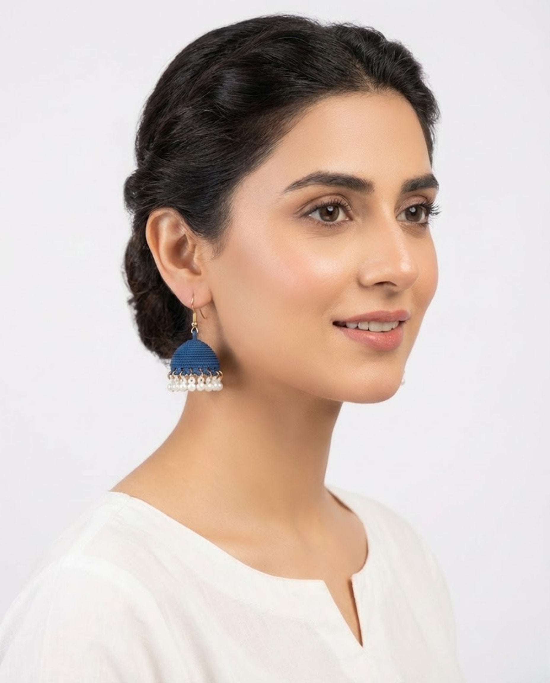 Navy Blue Textured Jhumka Earrings with Pearl Droplets