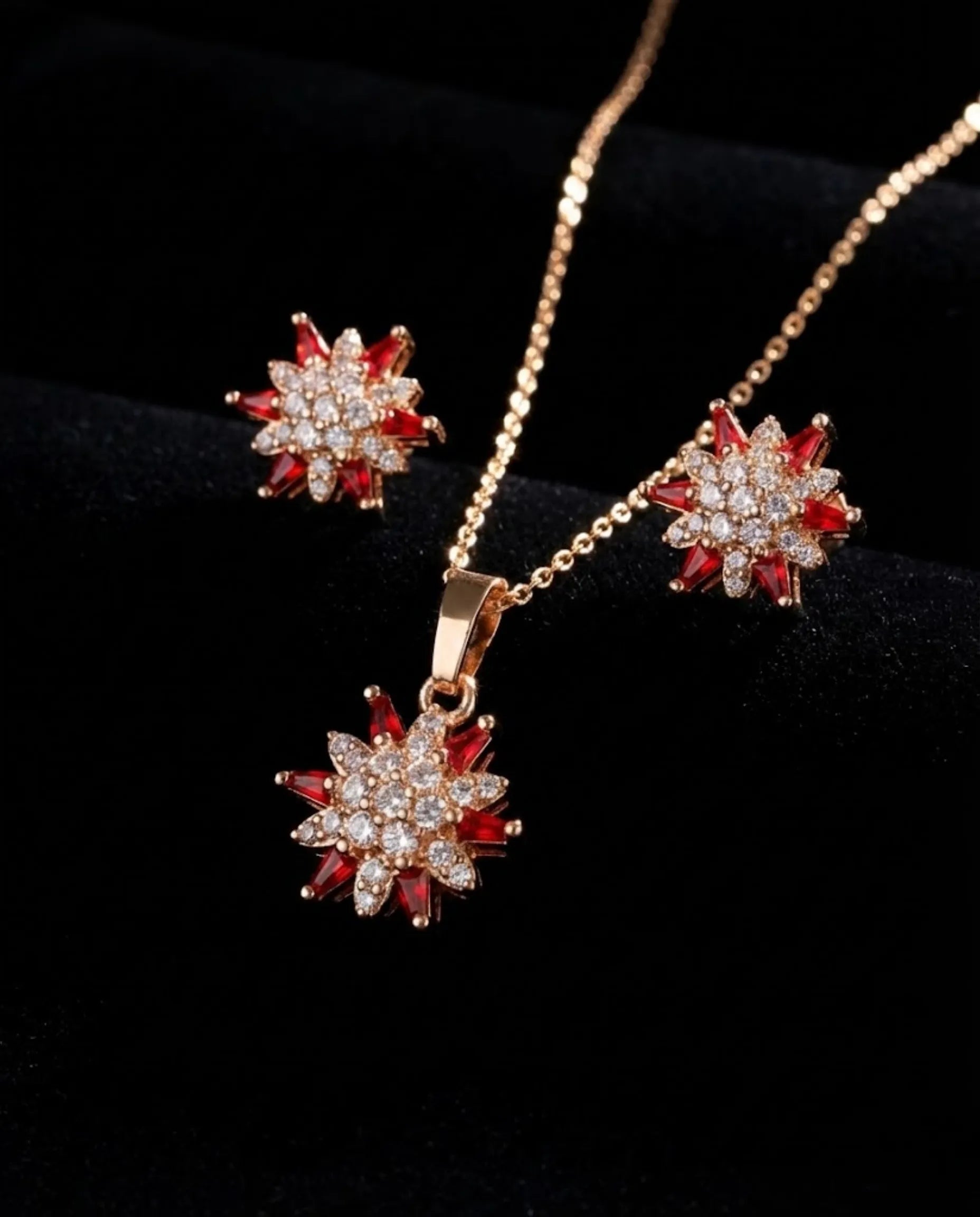 Orneza Royal Crimson Star Pendant and Earrings Jewelry Set