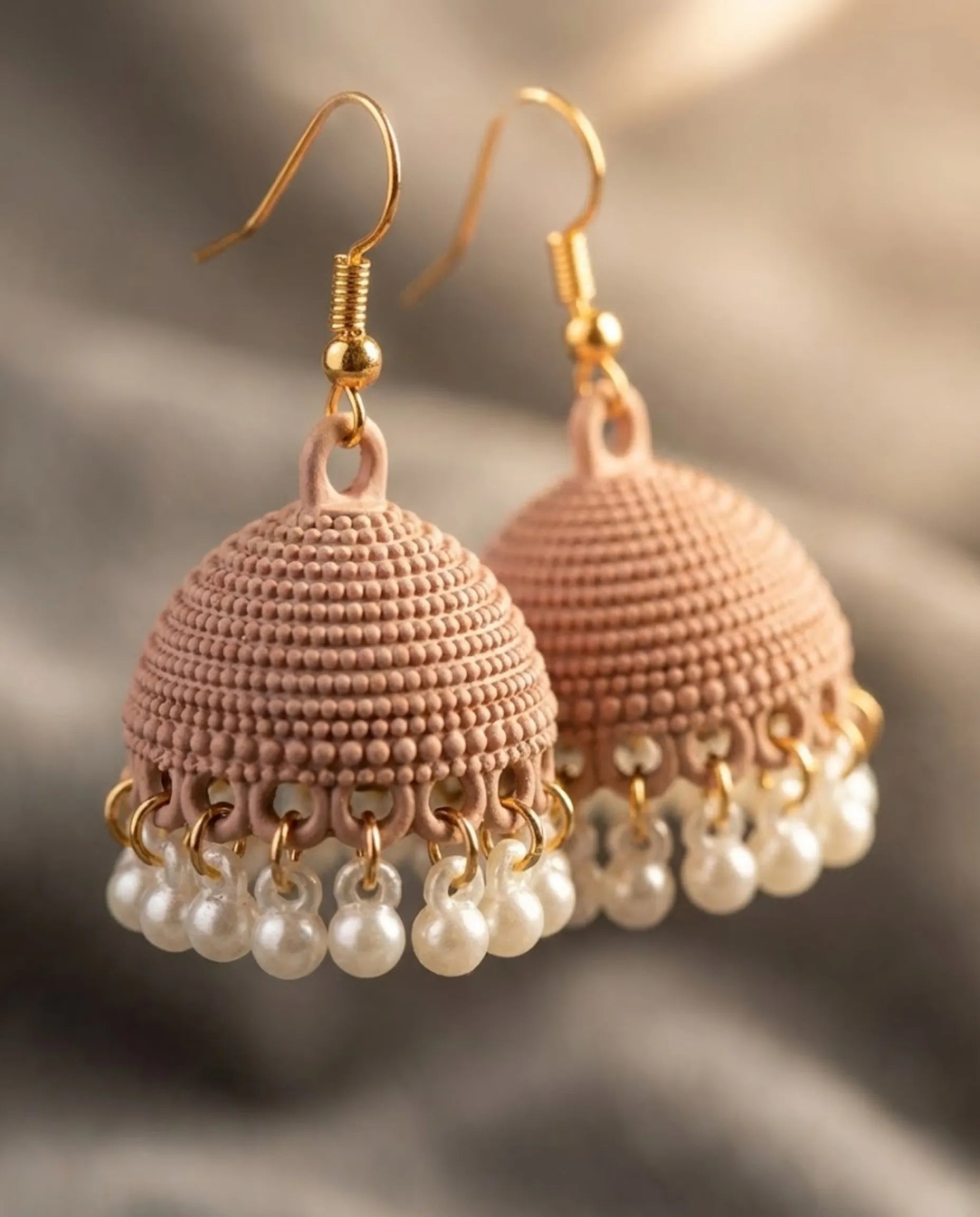 Modern Mauve Matte Jhumka Earrings with Pearls by Orneza