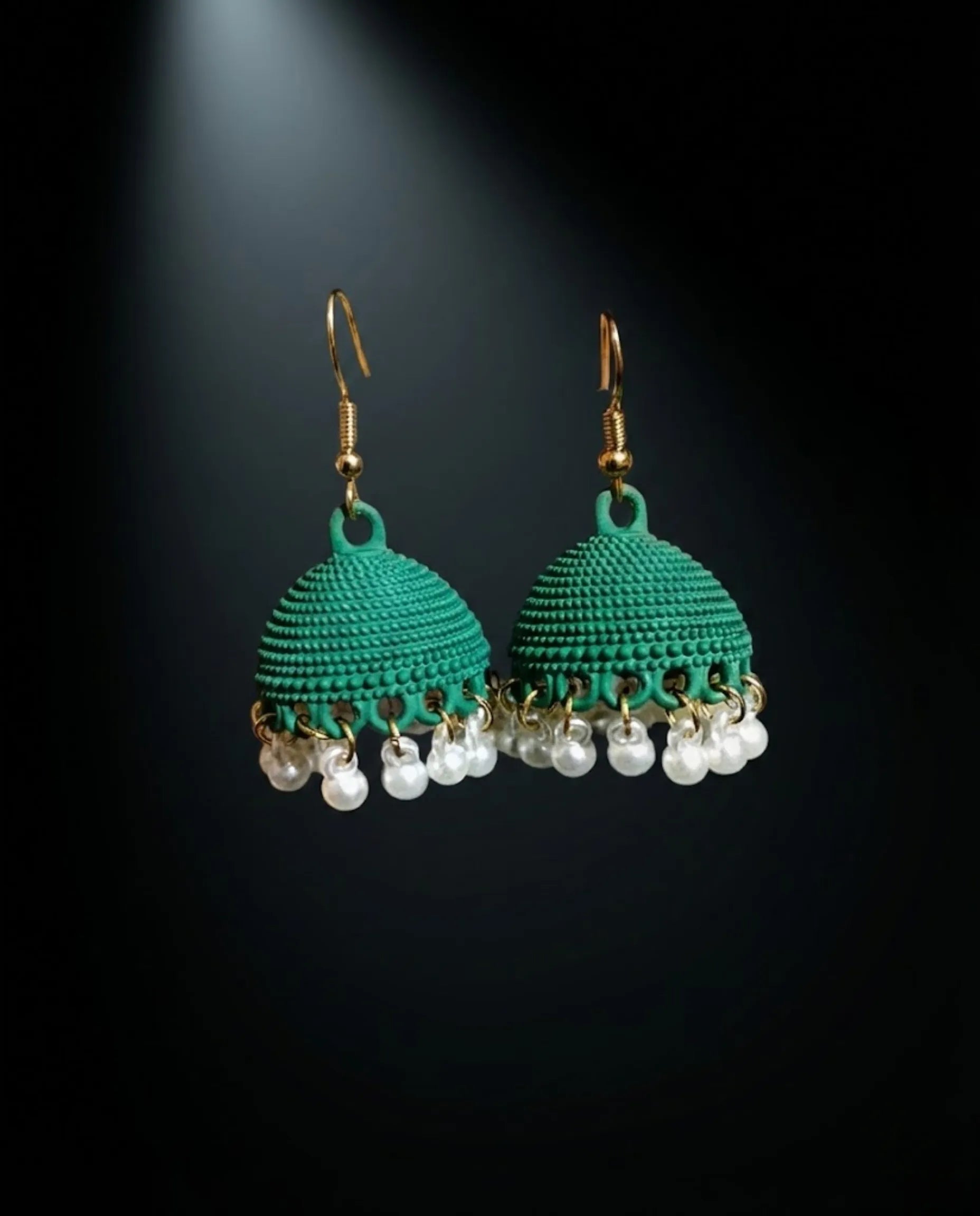 Orneza Emerald Green Textured Jhumka Earrings with Pearls