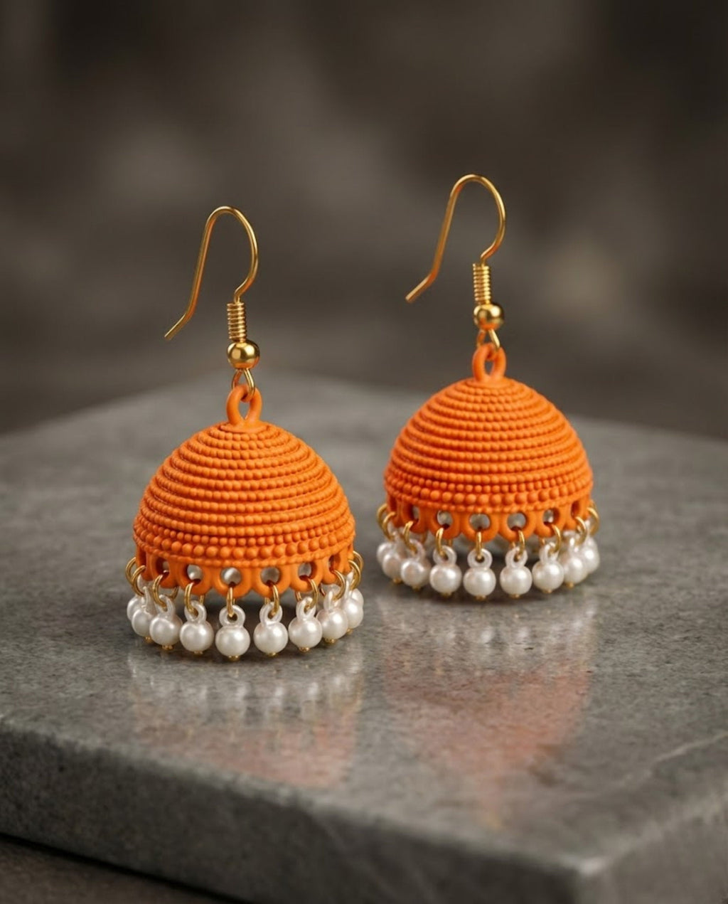 Orange Textured Jhumka Earrings with Elegant Pearl Drops