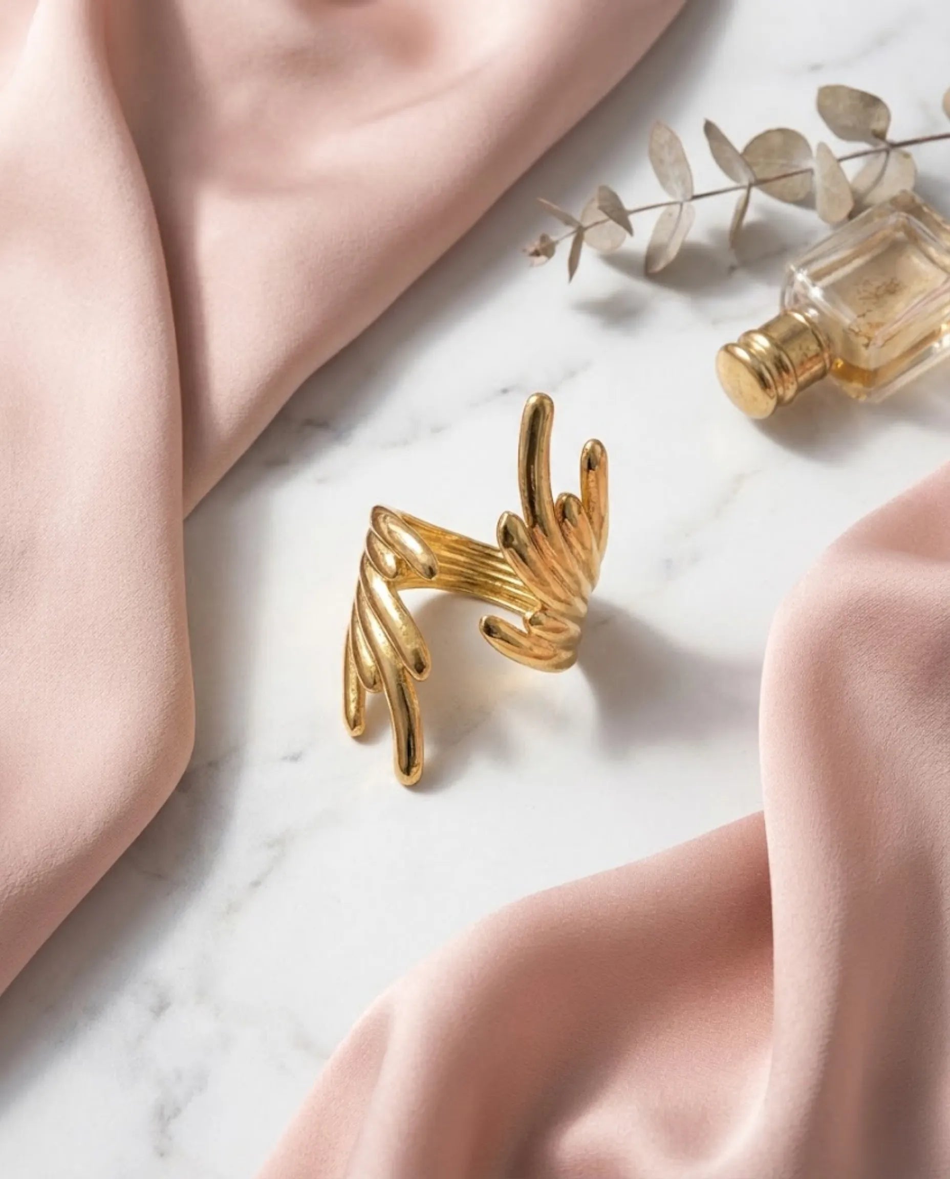 Orneza Abstract Coral Flame Statement Ring- Adjustable Gold