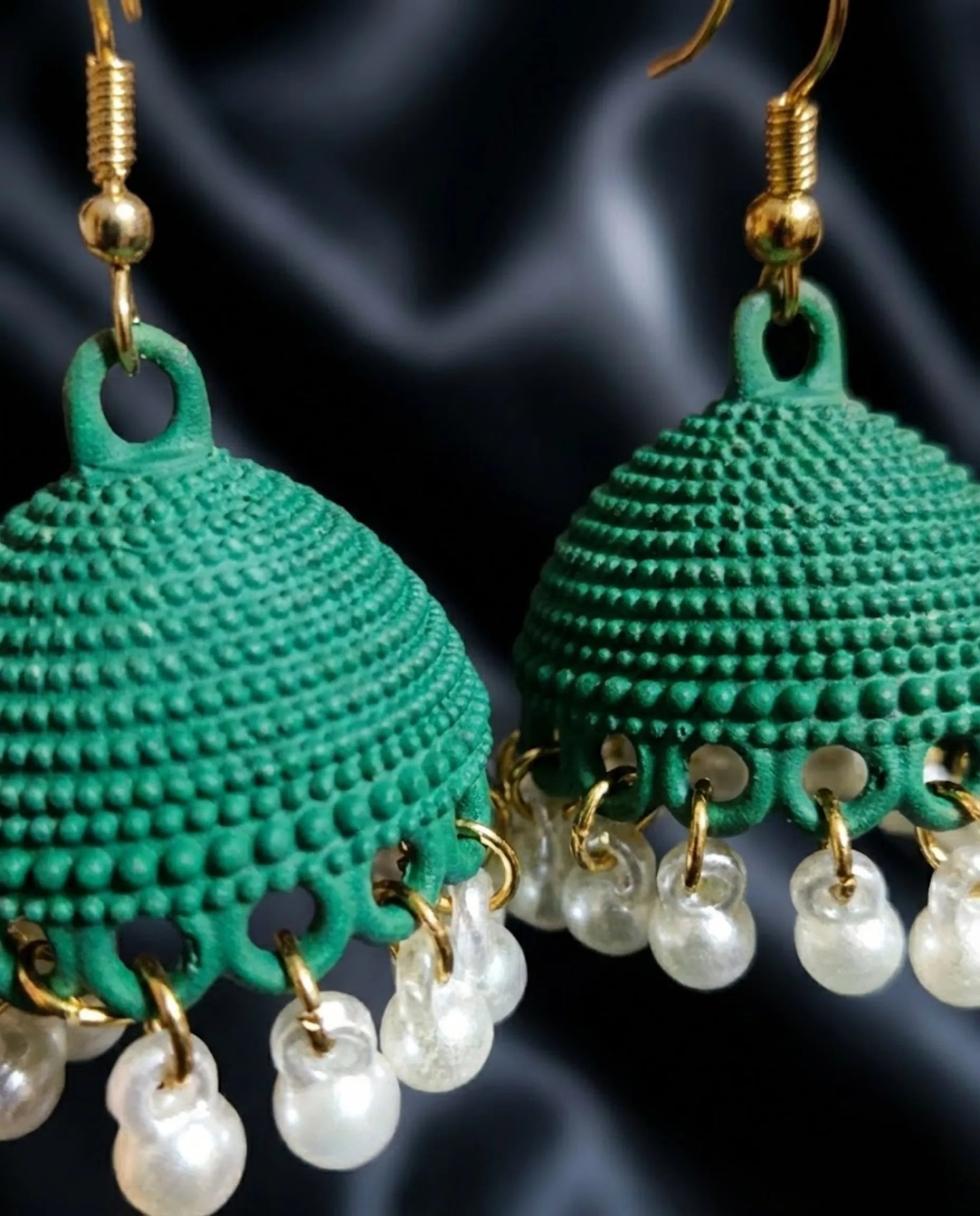 Orneza Emerald Green Textured Jhumka Earrings with Pearls