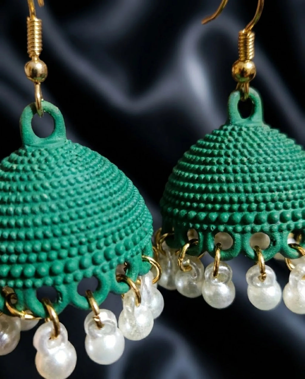 Orneza Emerald Green Textured Jhumka Earrings with Pearls
