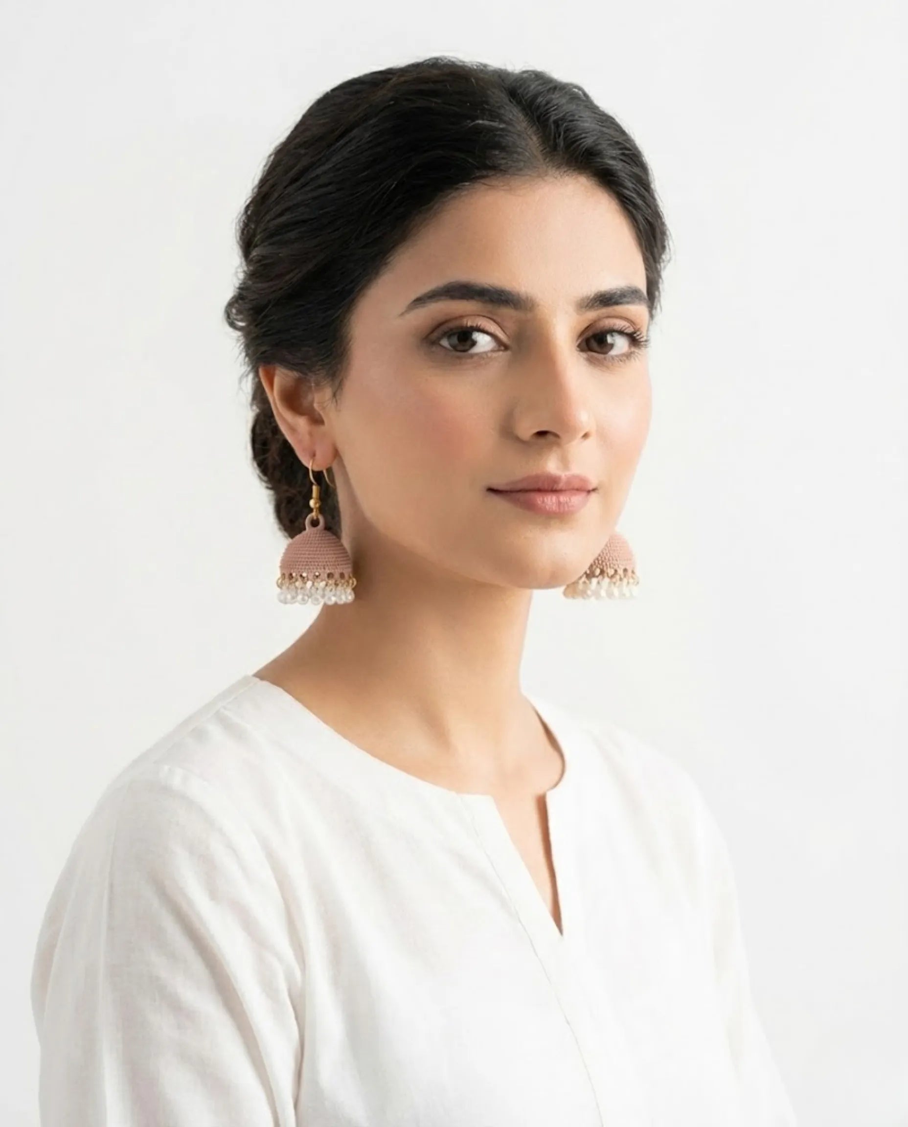 Modern Mauve Matte Jhumka Earrings with Pearls by Orneza