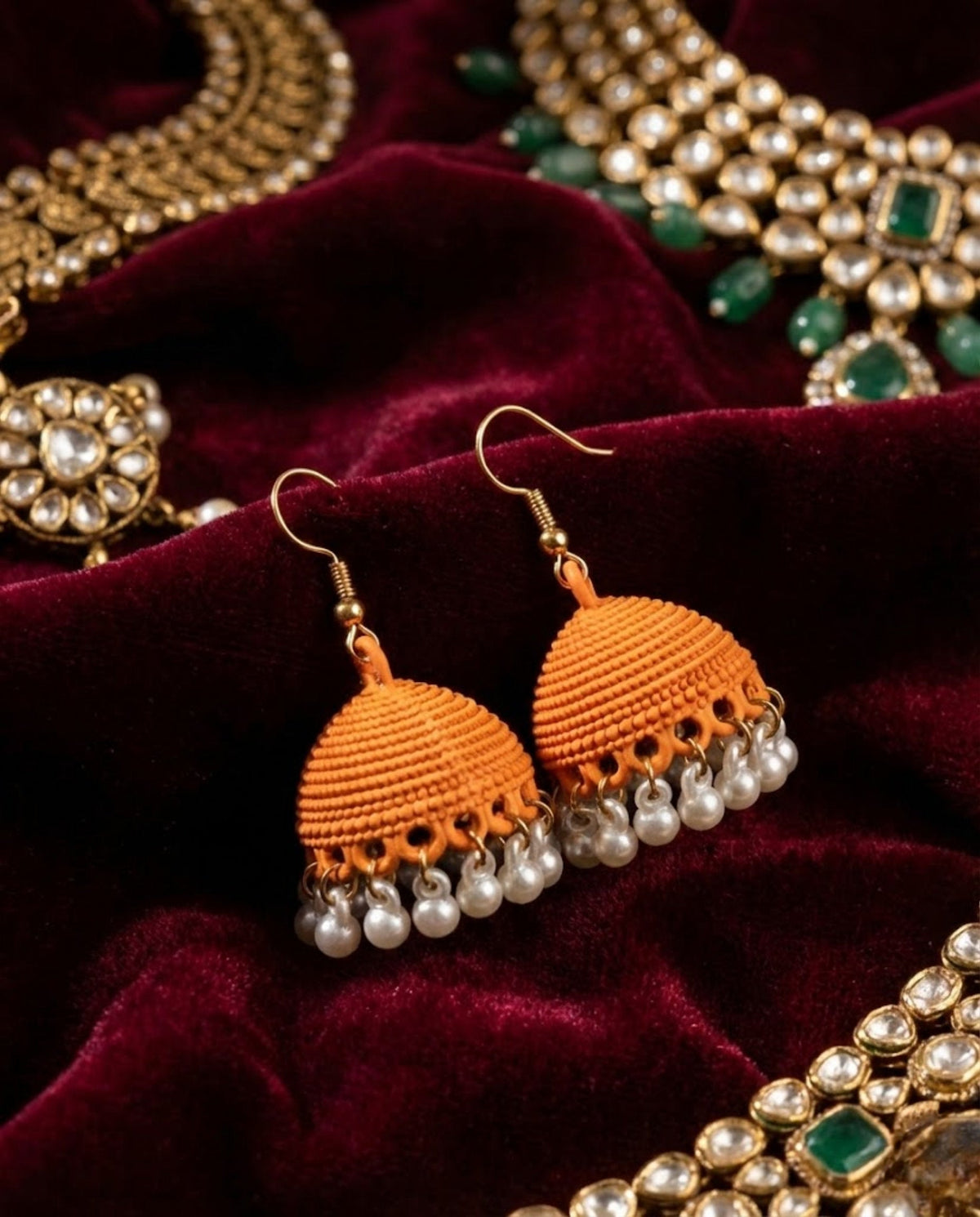 Orange Textured Jhumka Earrings with Elegant Pearl Drops