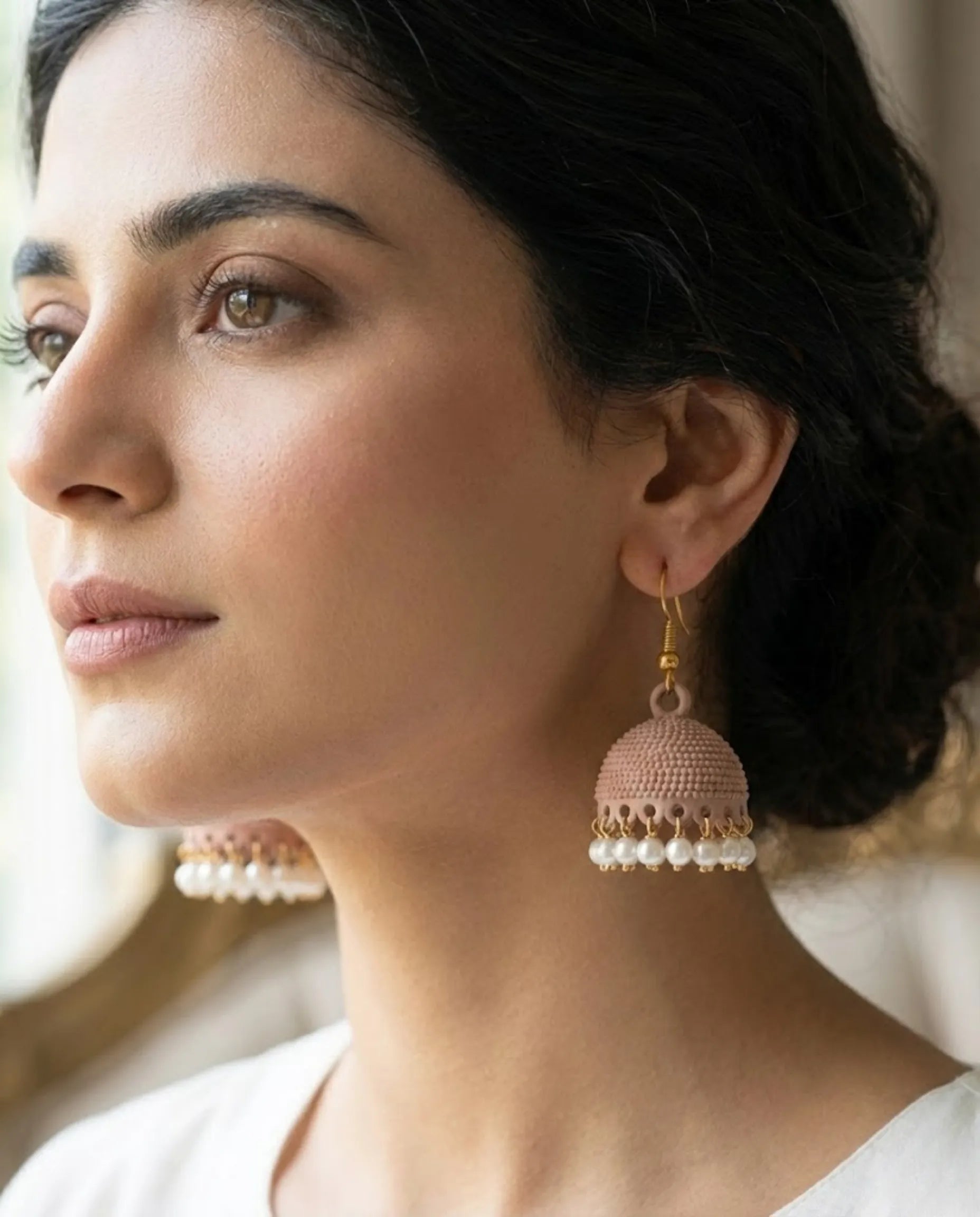 Modern Mauve Matte Jhumka Earrings with Pearls by Orneza