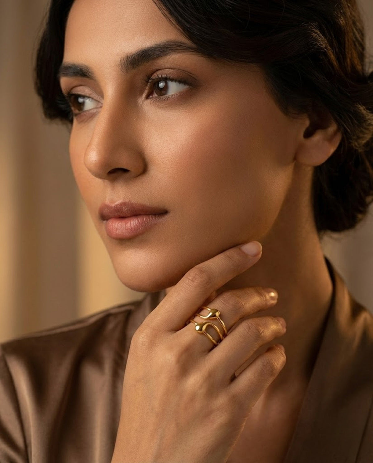 Orneza Gold Plated Twin Teardrop Triple Band Statement Ring