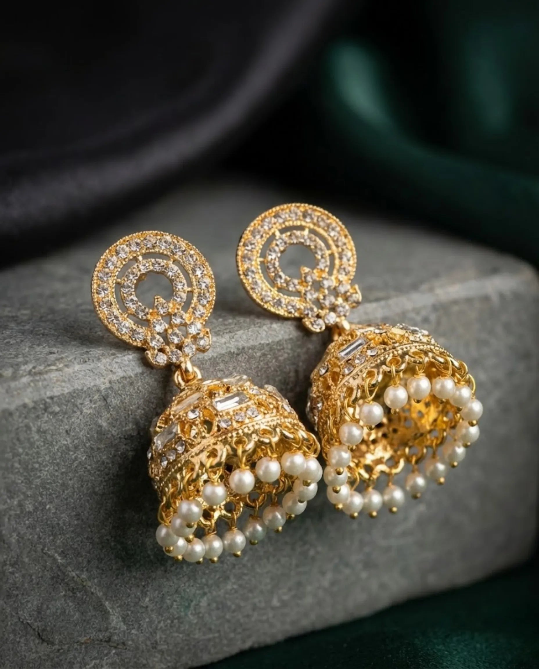 Orneza Gold Zircon Studded Jhumka Earrings with Pearls